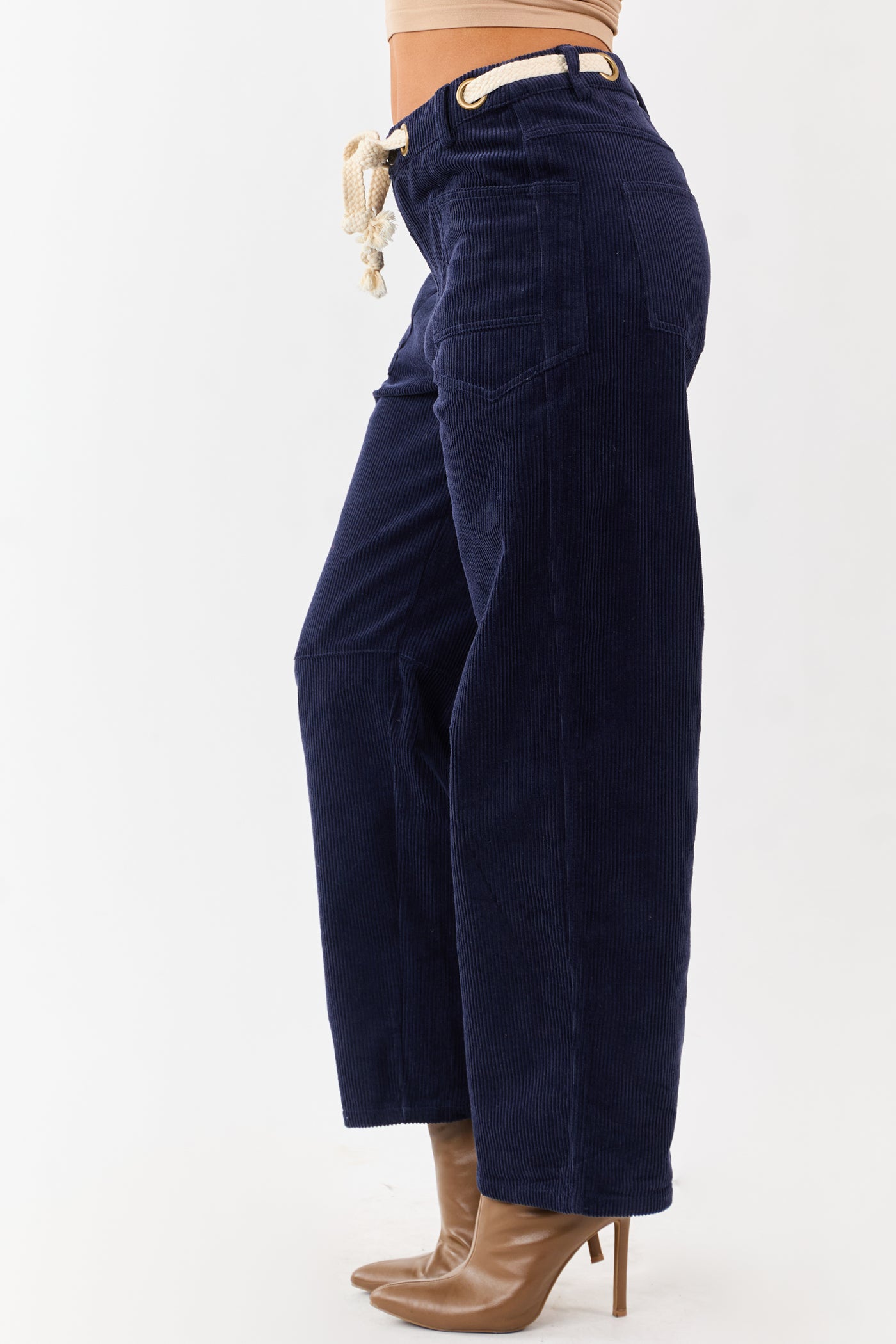 Faded Navy Corduroy Relaxed Wide Leg Waist Tie Pants