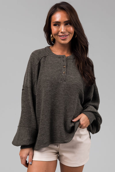 Faded Olive Bubble Sleeve Ribbed Henley Sweater
