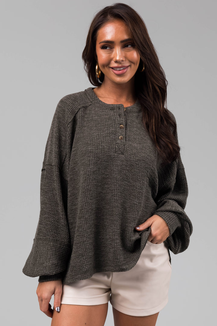 Faded Olive Bubble Sleeve Ribbed Henley Sweater