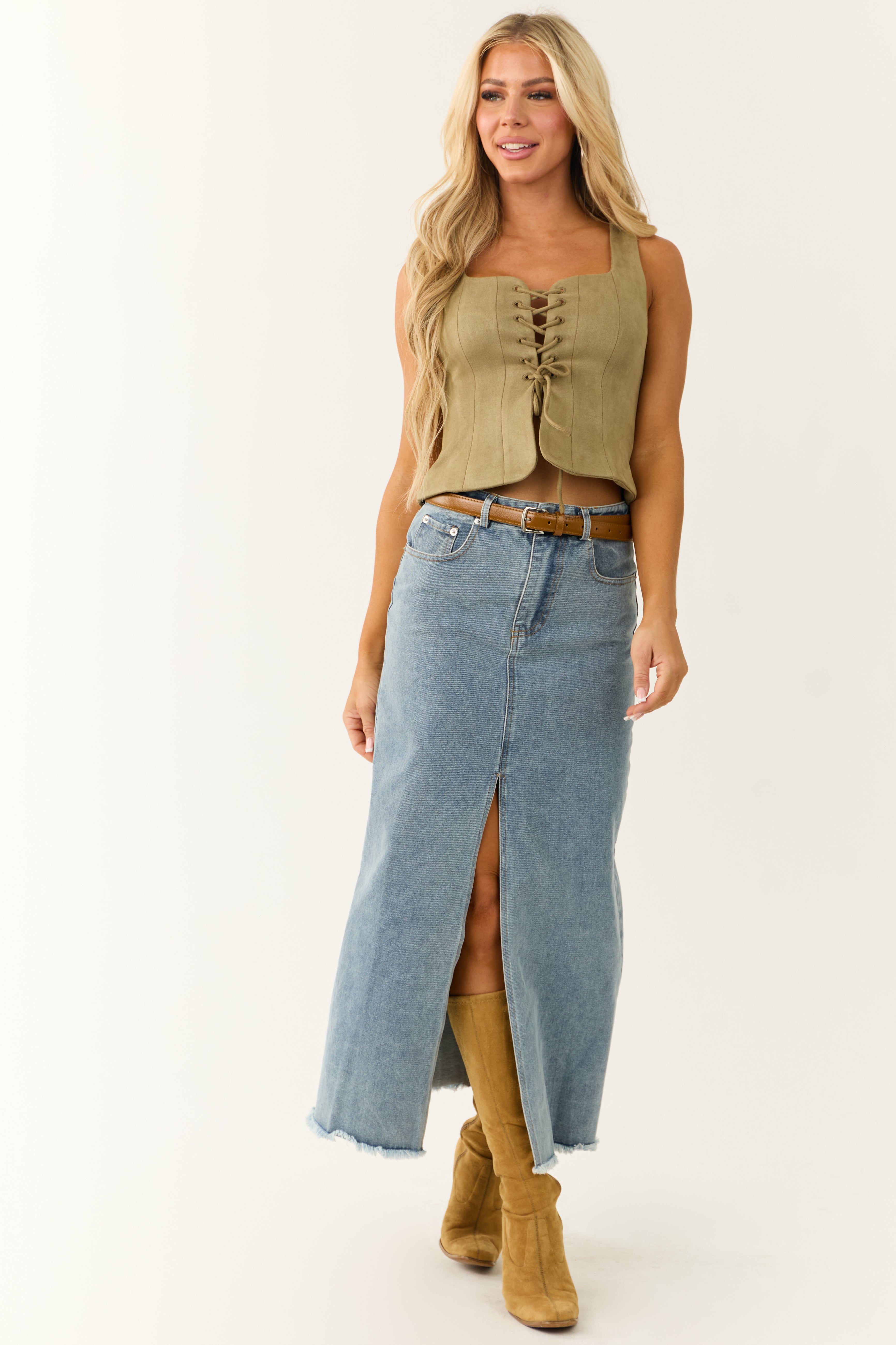 Faded Olive Princess Line Front Tie Cropped Top