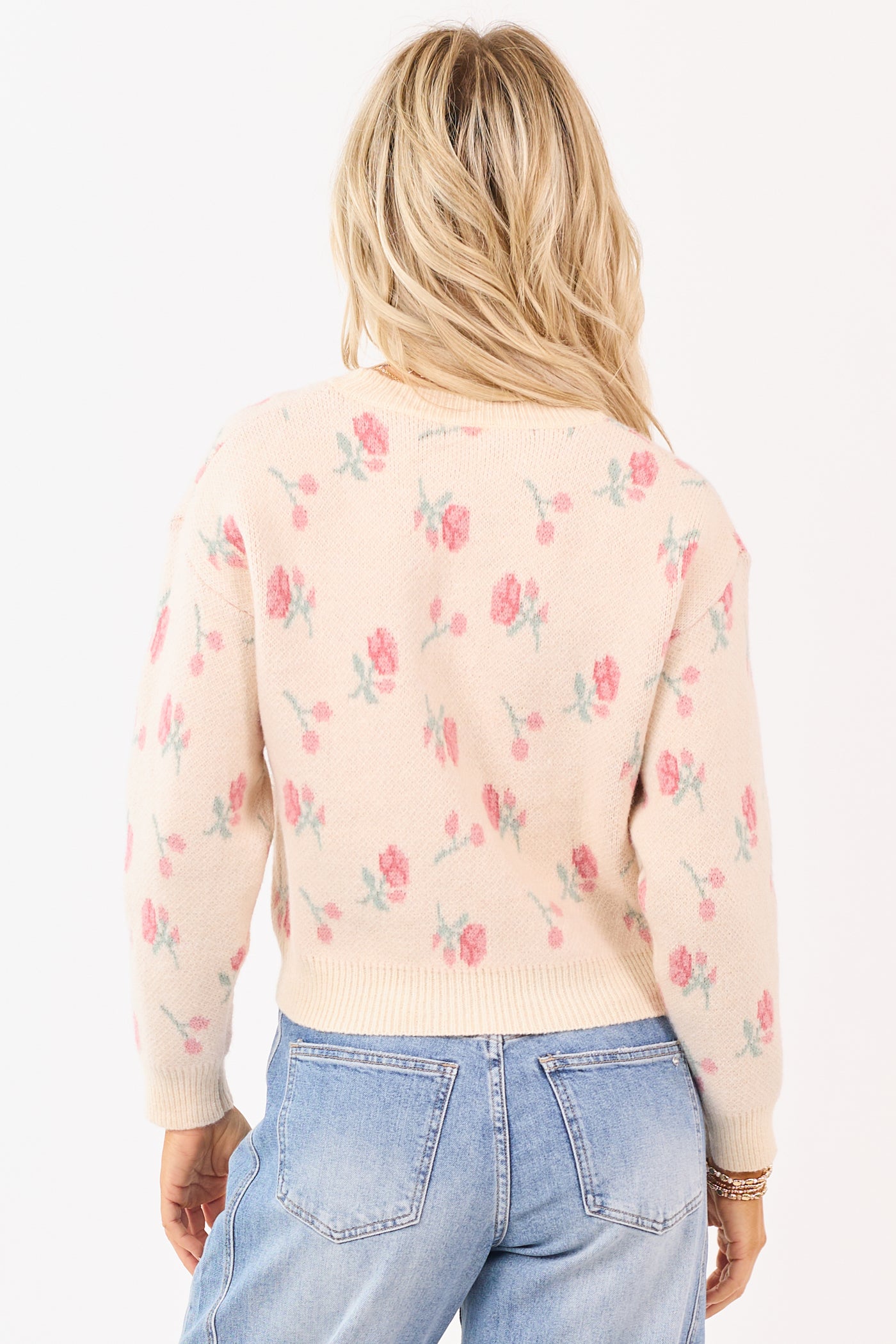 Faded Peach Floral Pattern Crew Neck Sweater