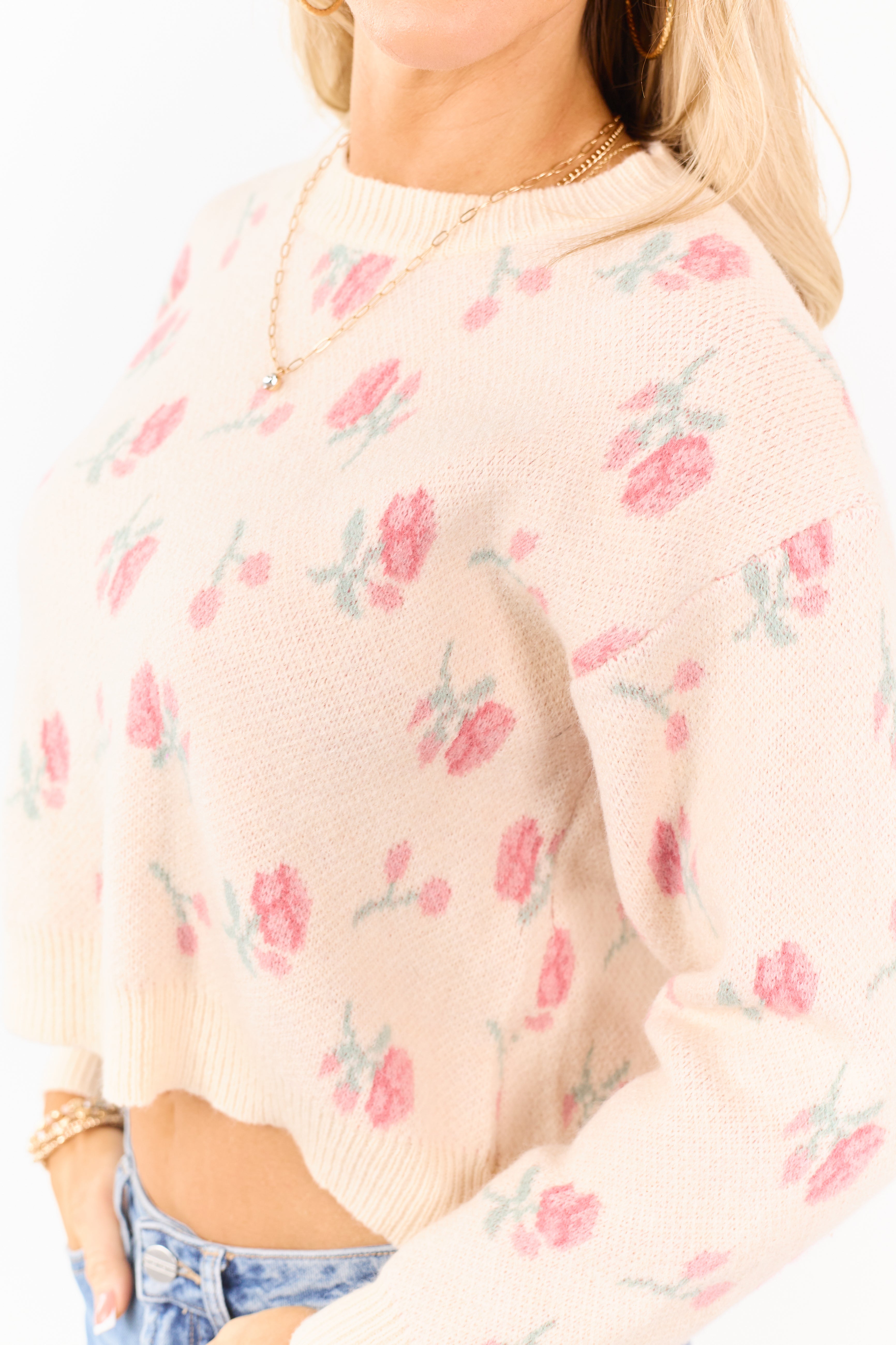 Faded Peach Floral Pattern Crew Neck Sweater