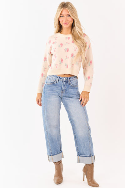 Faded Peach Floral Pattern Crew Neck Sweater