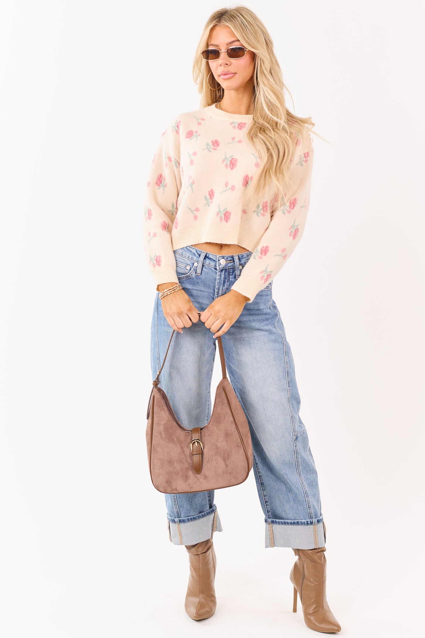 Faded Peach Floral Pattern Crew Neck Sweater