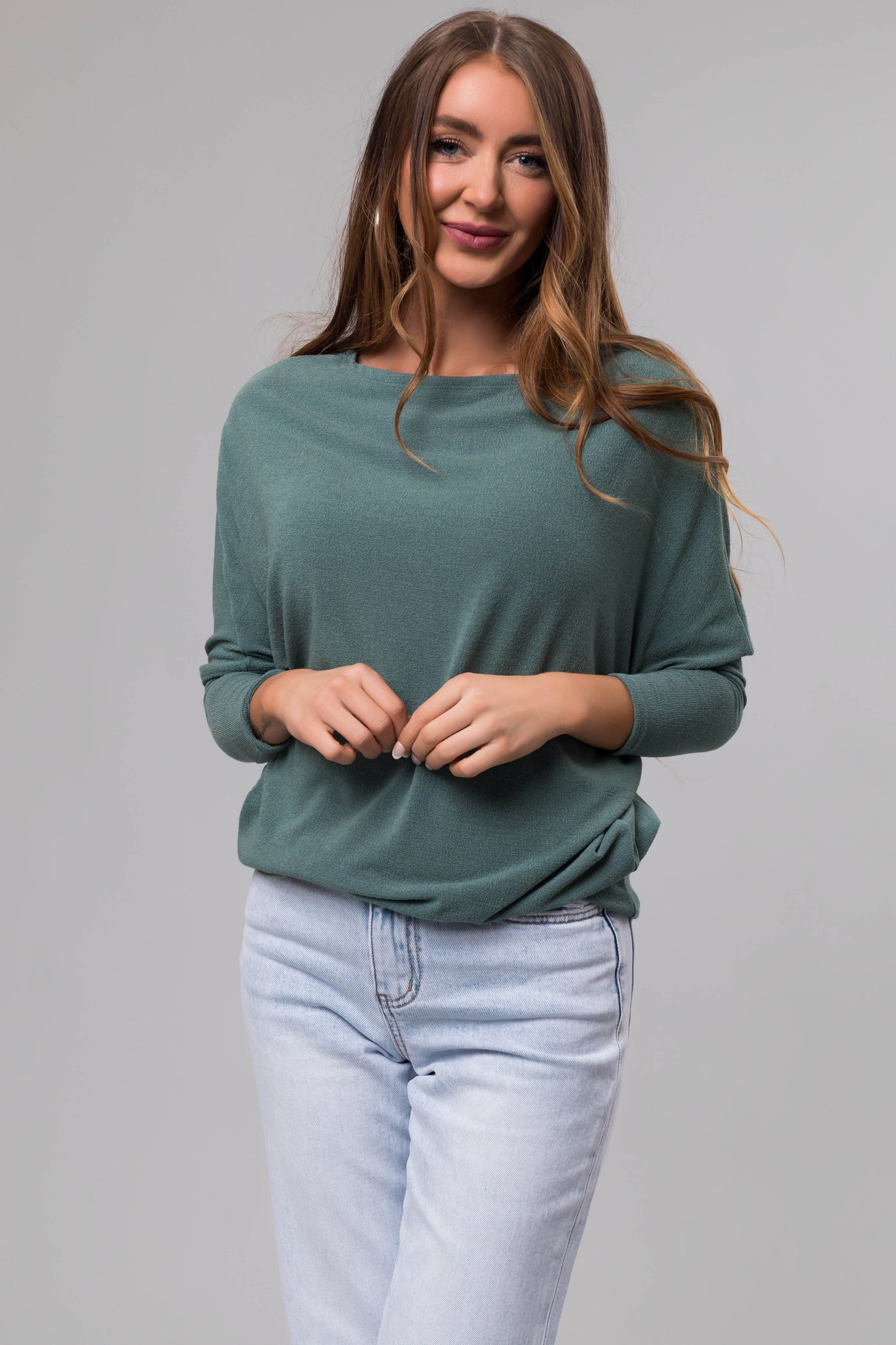 Faded Pine Round Neck Knit Top with Long Dolman Sleeves