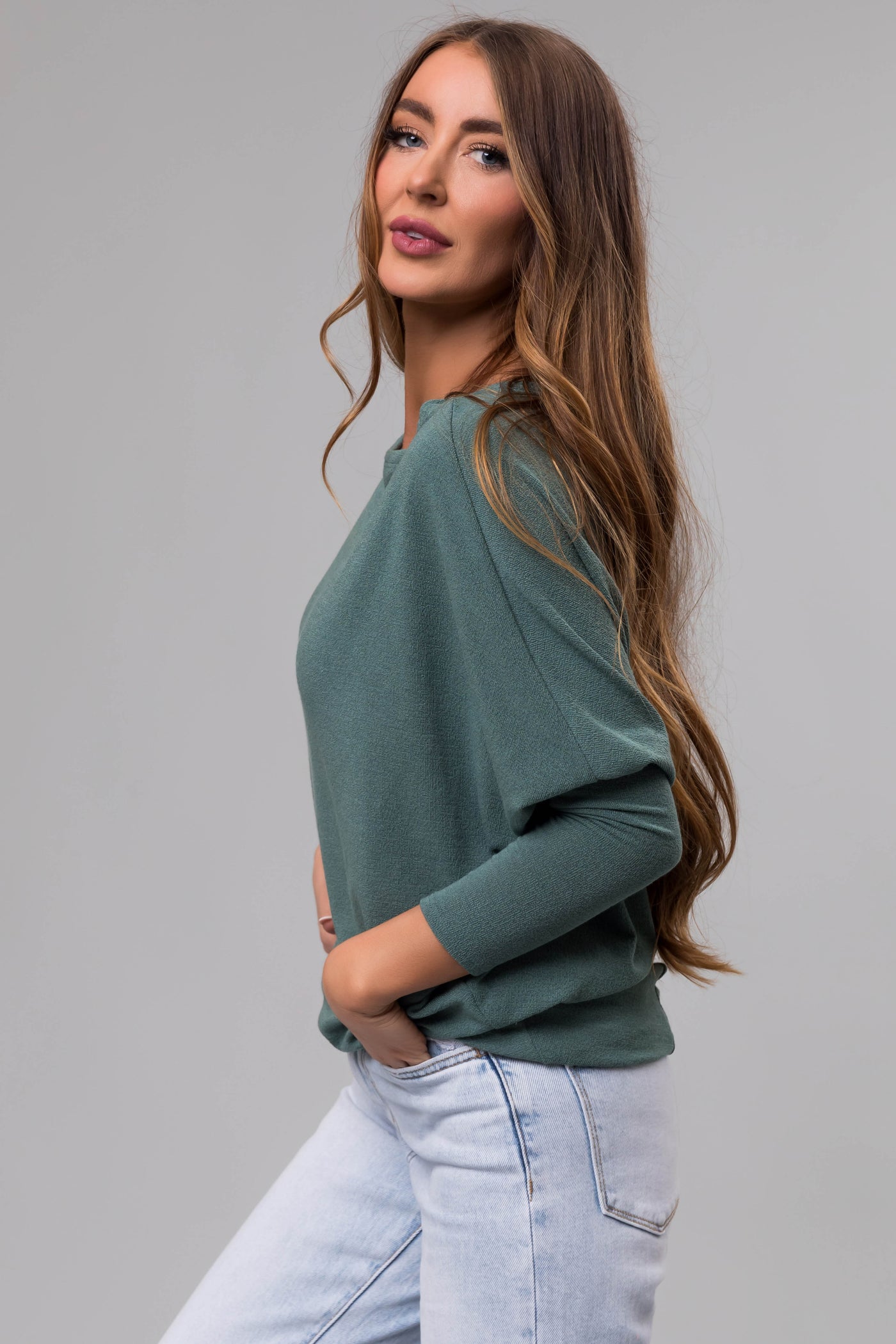 Faded Pine Round Neck Knit Top with Long Dolman Sleeves