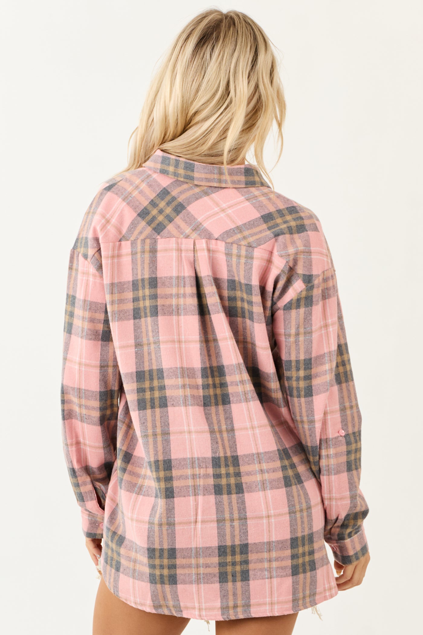 Faded Punch Plaid Flannel Long Sleeve Button Up Top