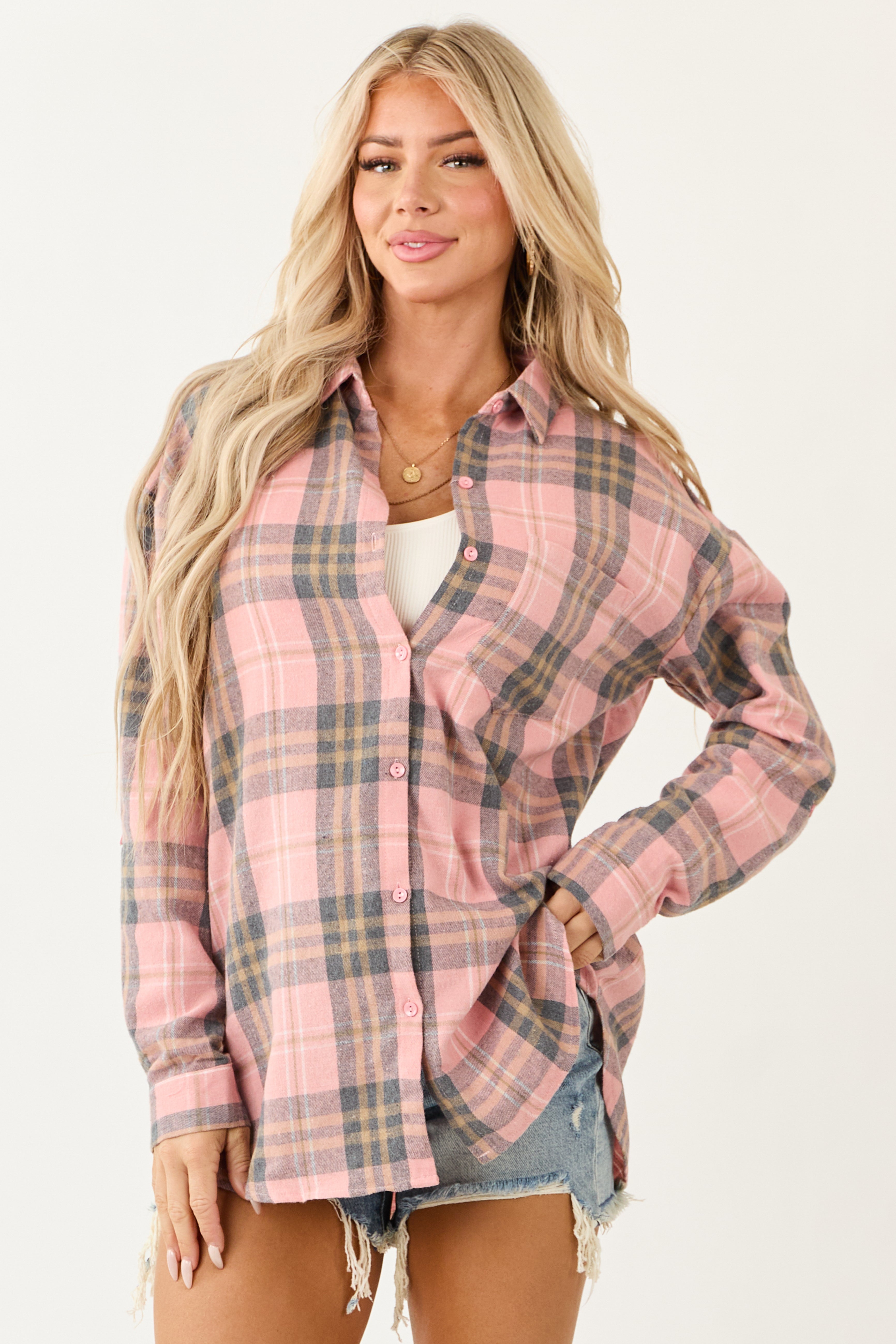 Faded Punch Plaid Flannel Long Sleeve Button Up Top