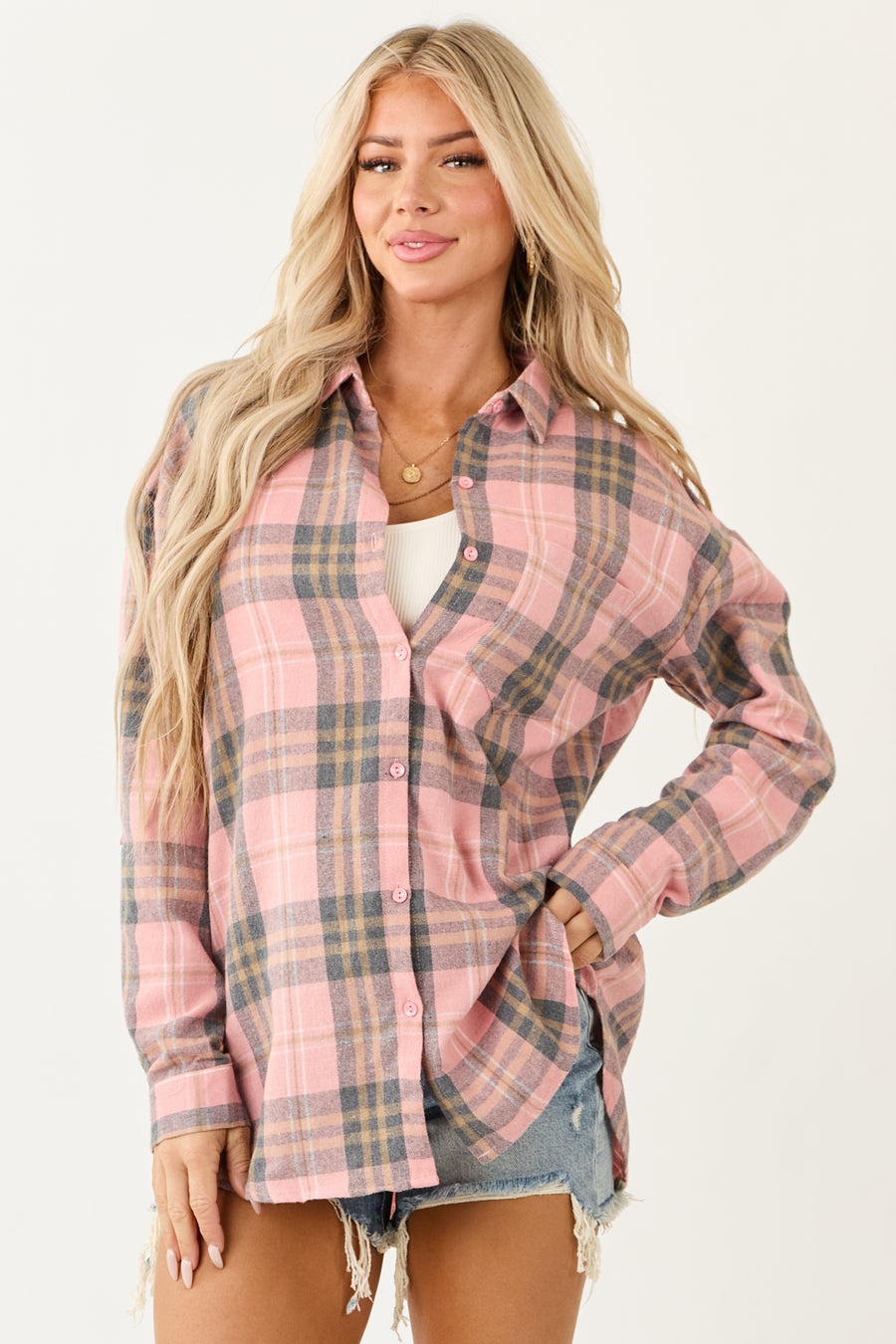 Faded Punch Plaid Flannel Long Sleeve Button Up Top