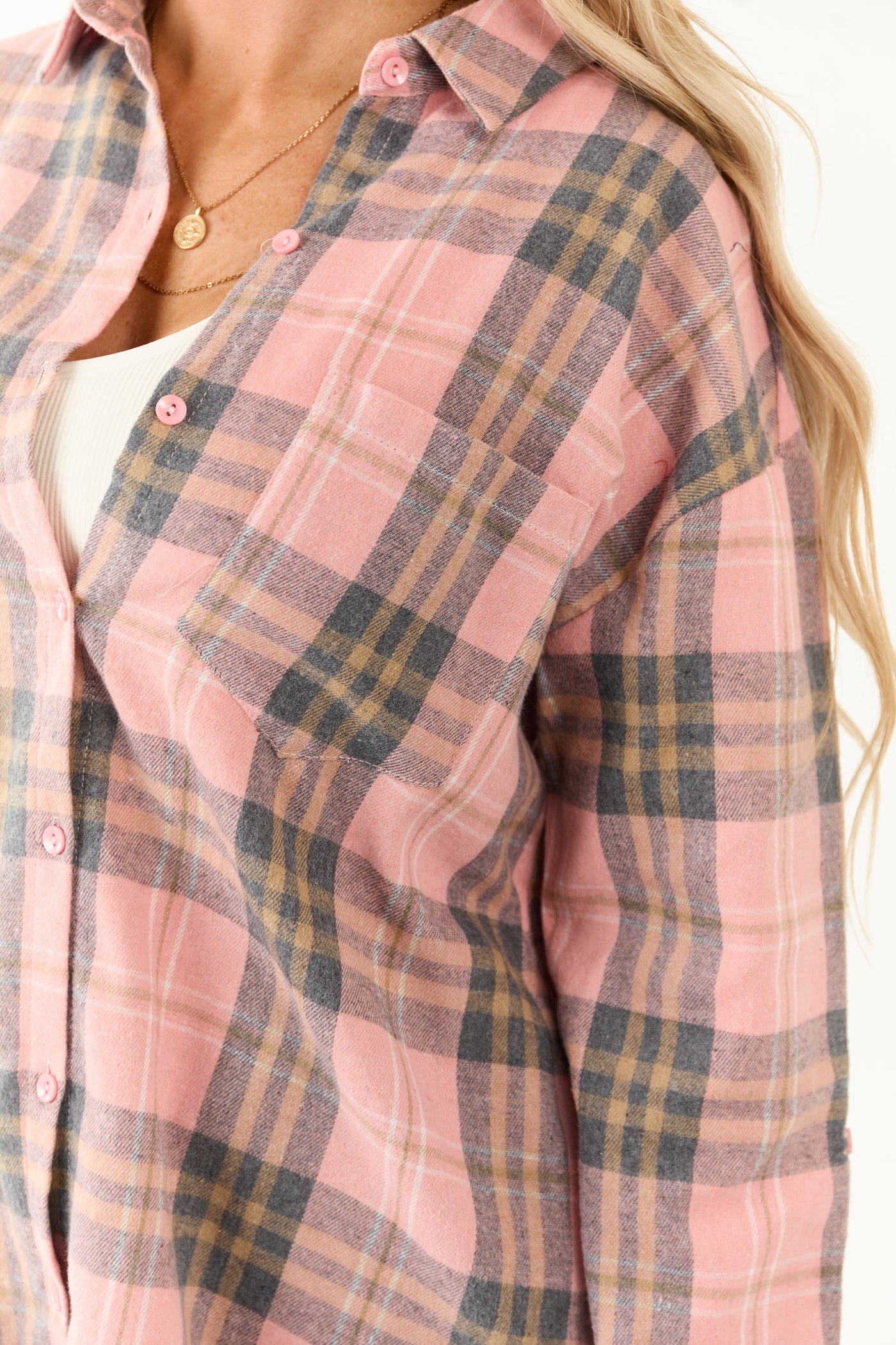 Faded Punch Plaid Flannel Long Sleeve Button Up Top