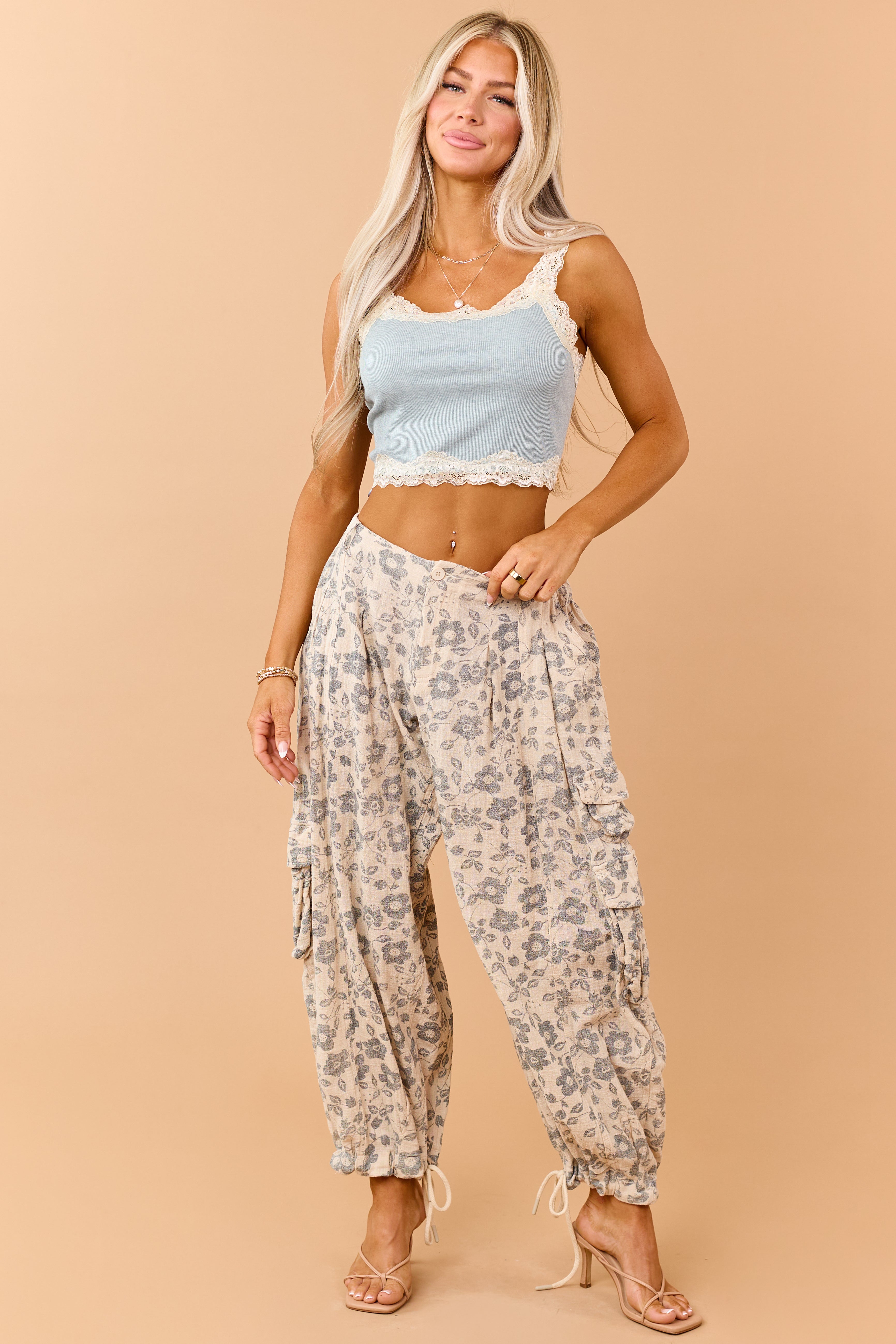 Faded Sea Blue Rib Knit Contrast Lace Trim Tank Top