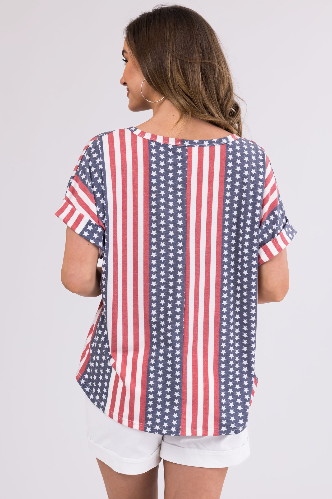 Faded Stars and Stripes V Neck Cuffed Tee Shirt