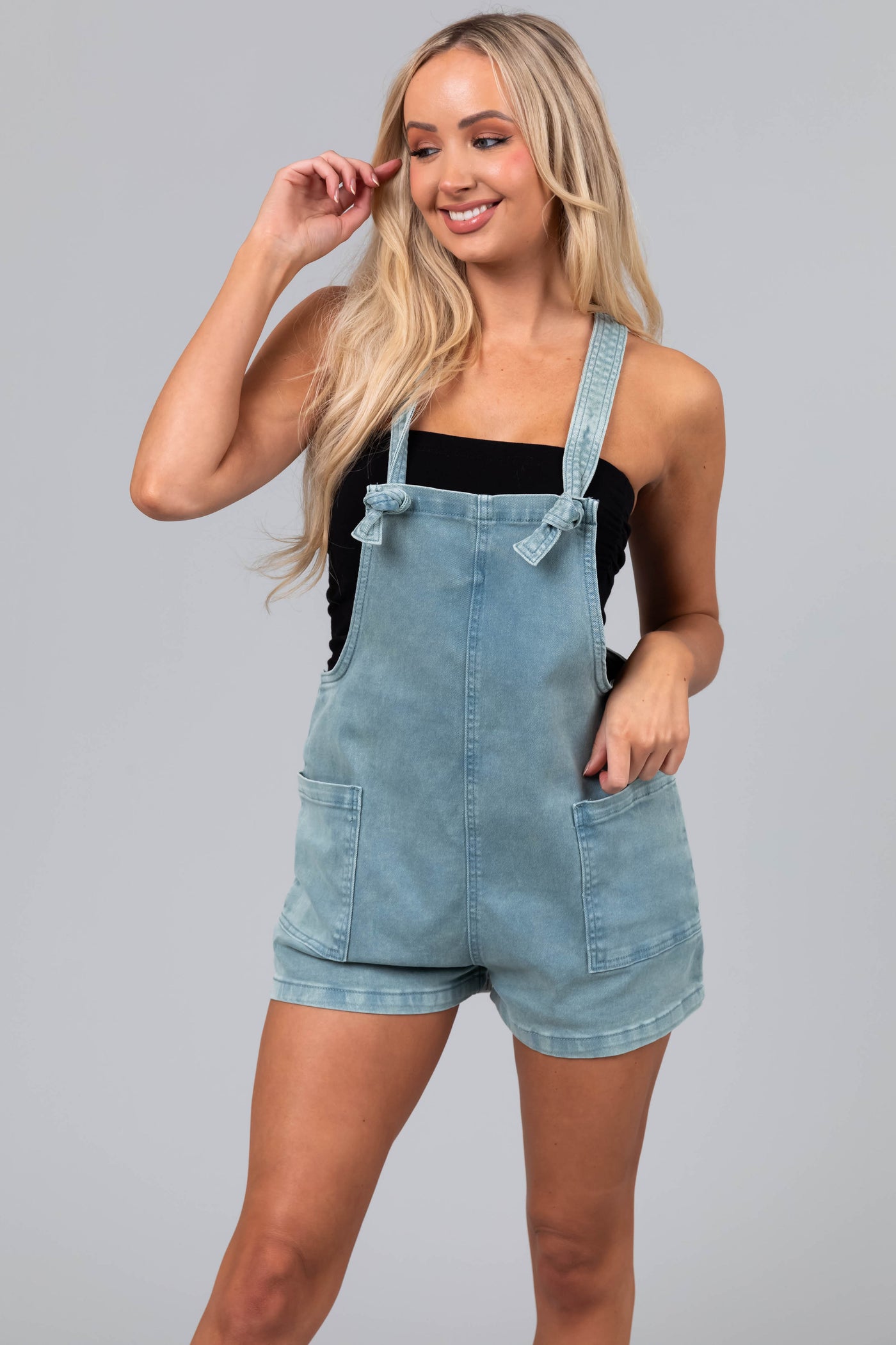 Faded Teal Knotted Straps Denim Romper | Lime Lush