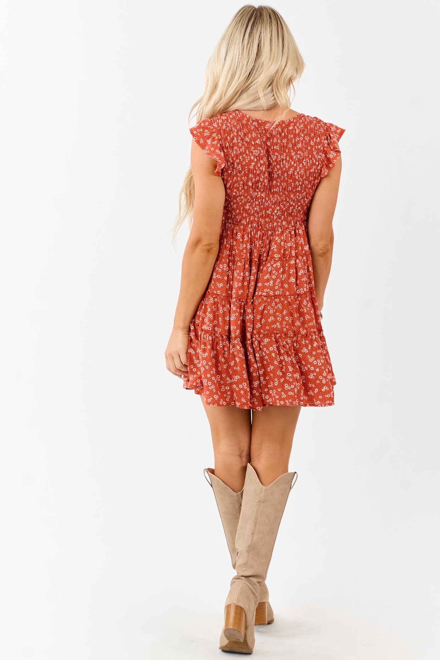 Fire Ditsy Floral Print Smocked Tiered Mini Dress