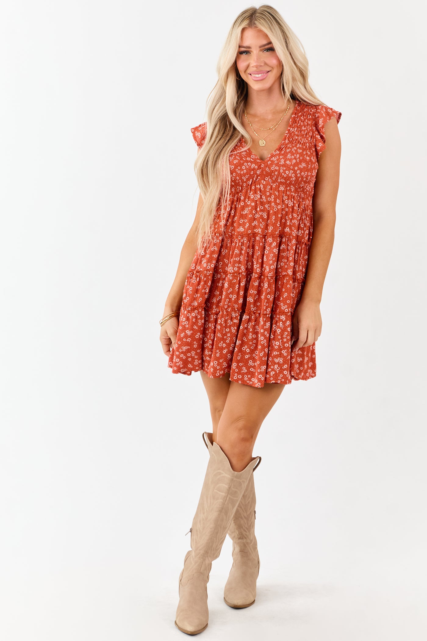 Fire Ditsy Floral Print Smocked Tiered Mini Dress
