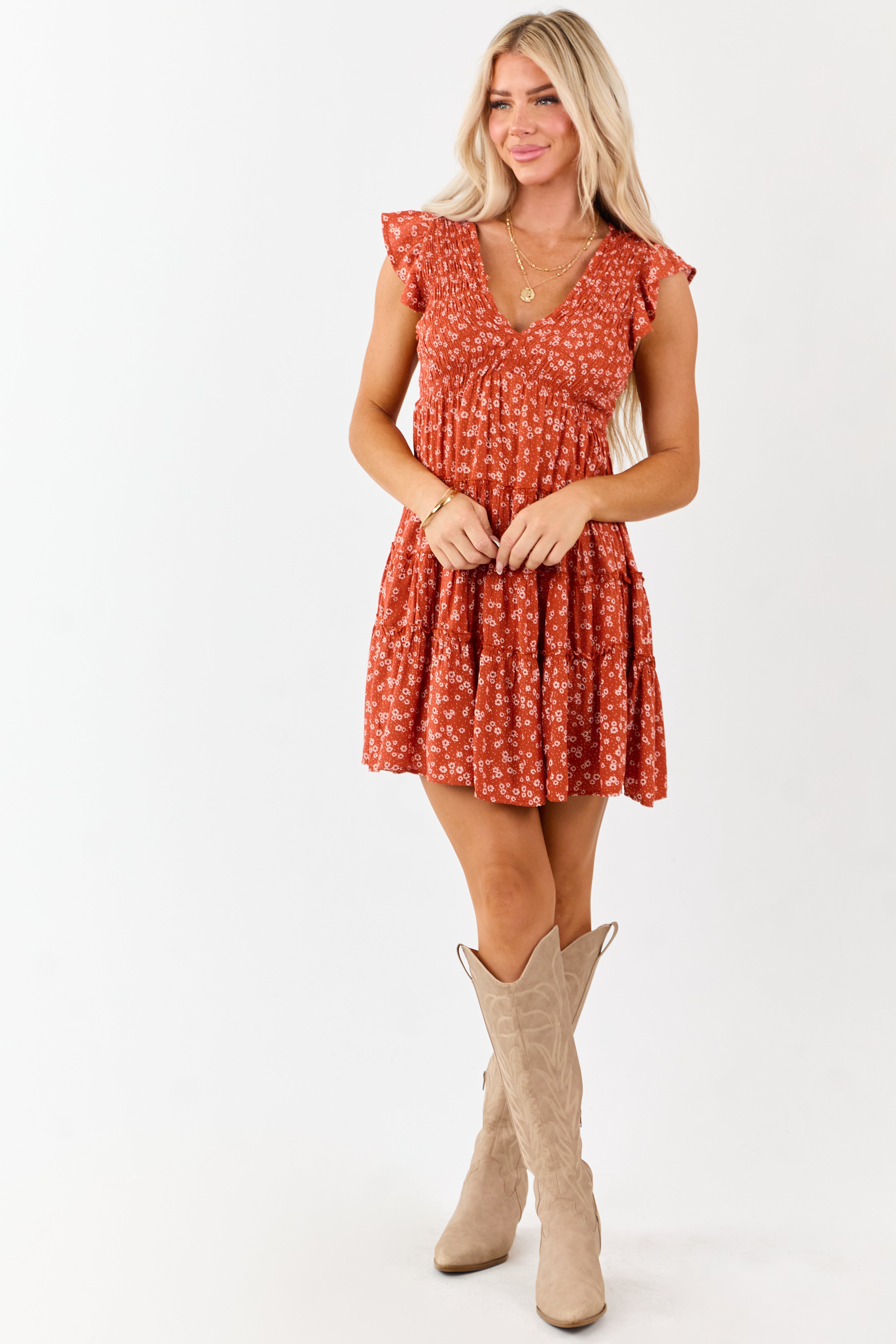 Fire Ditsy Floral Print Smocked Tiered Mini Dress