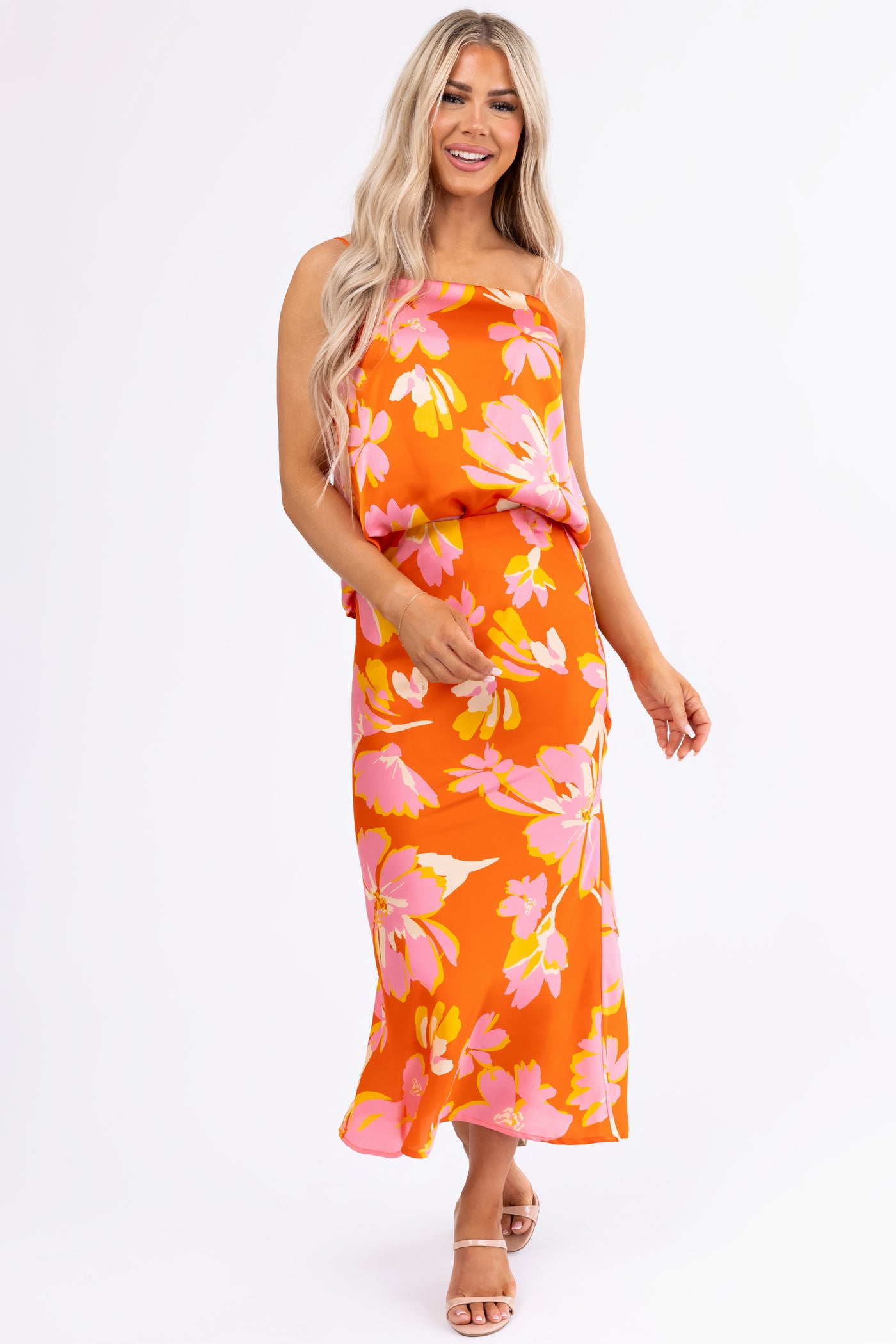 Fire Floral Print Satin Bias Maxi Skirt