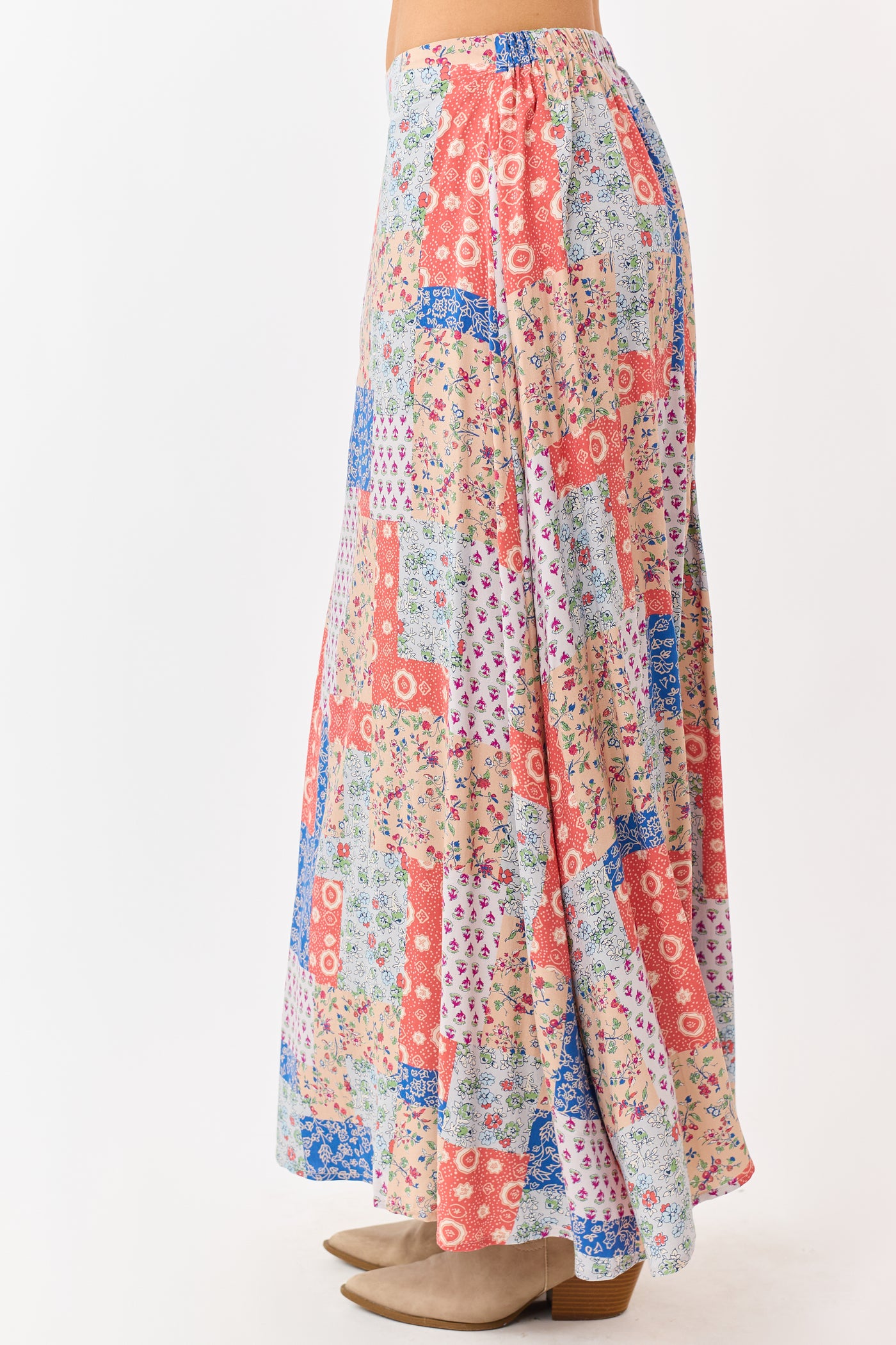 Fire Patchwork Floral Boho Flowy Maxi Skirt