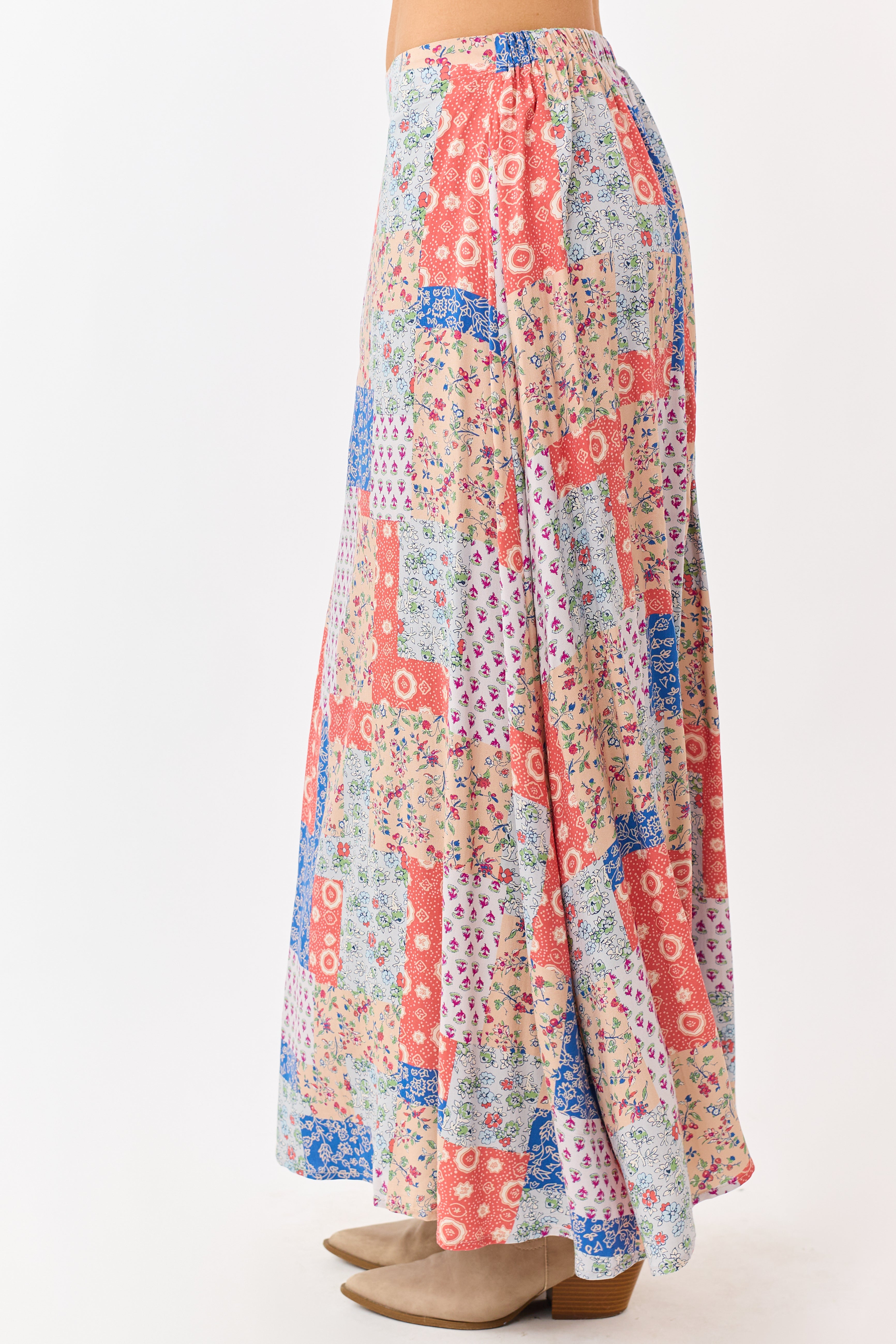 Fire Patchwork Floral Boho Flowy Maxi Skirt