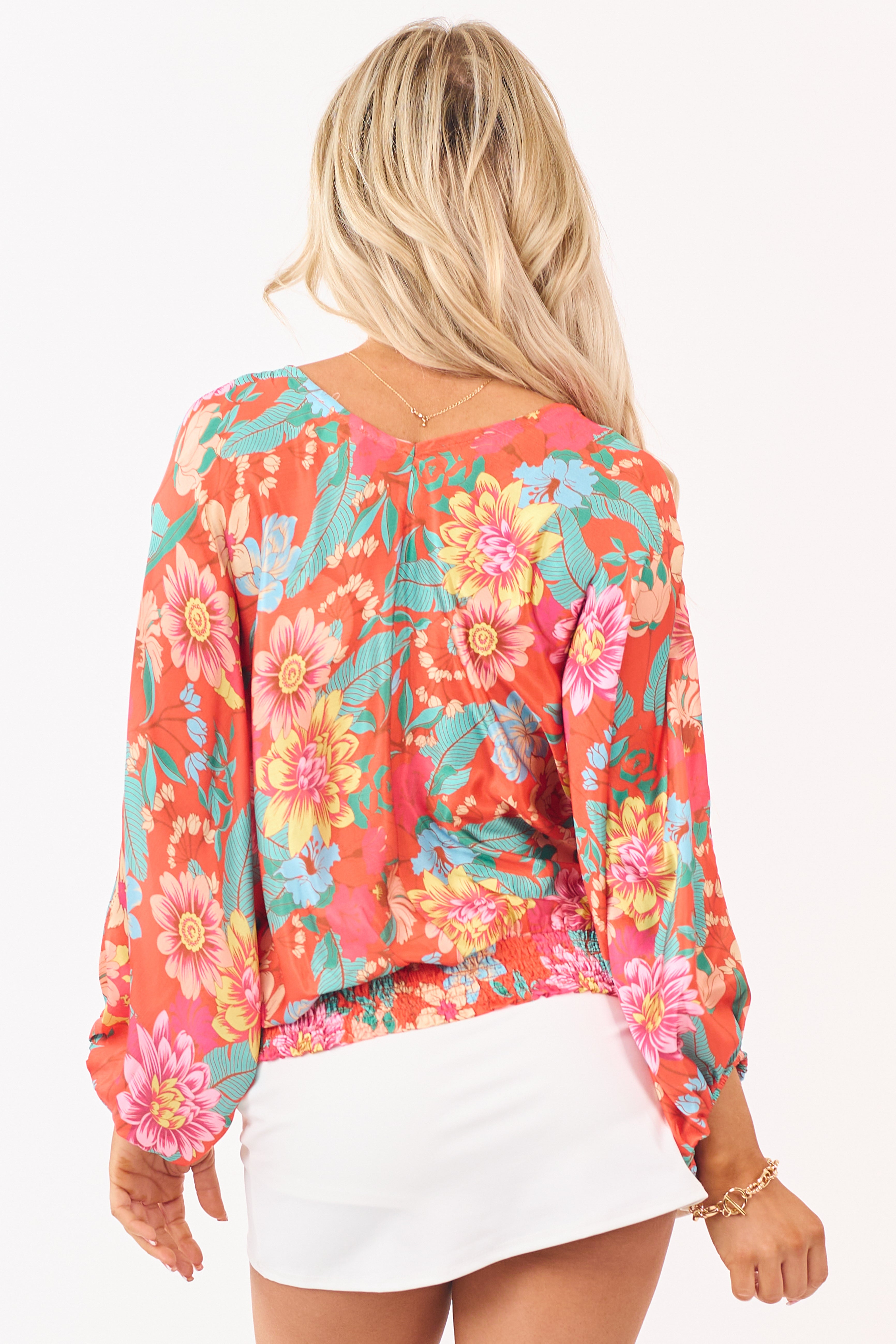 Fire Satin Floral Print V-Neck Dolman Sleeve Top