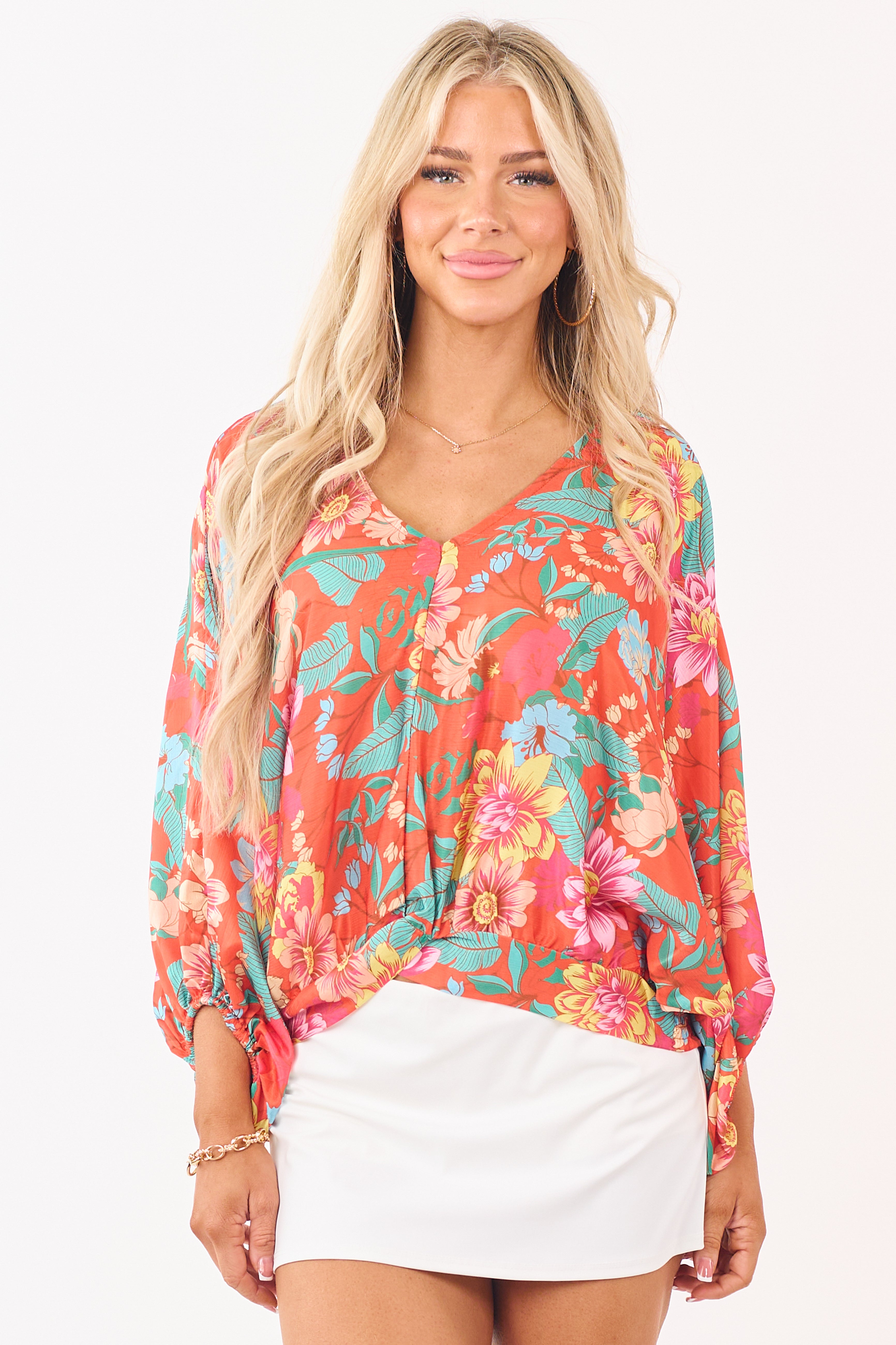 Fire Satin Floral Print V-Neck Dolman Sleeve Top