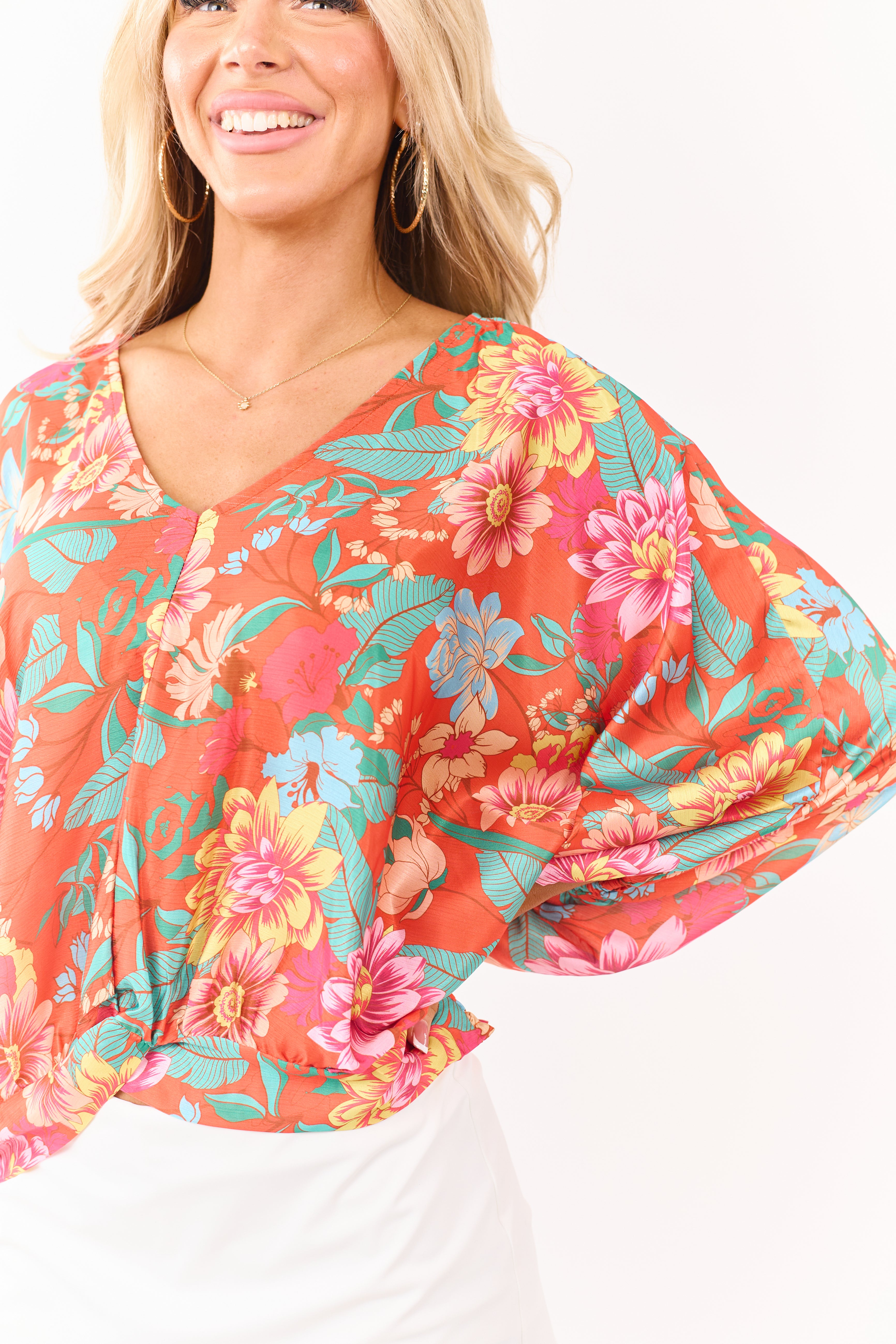 Fire Satin Floral Print V-Neck Dolman Sleeve Top