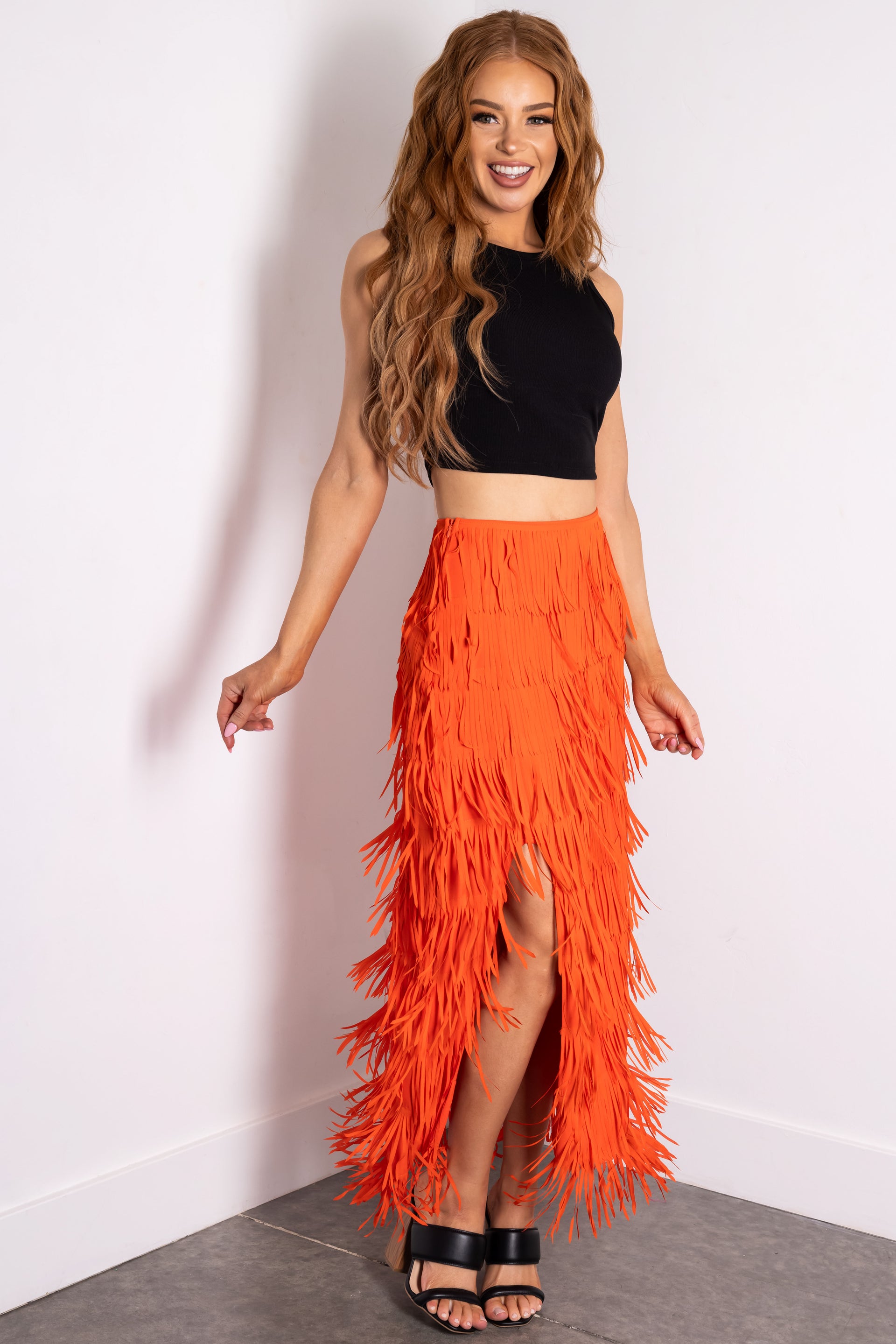 Fire Side Slit Fringe Midi Skirt Lime Lush Boutique