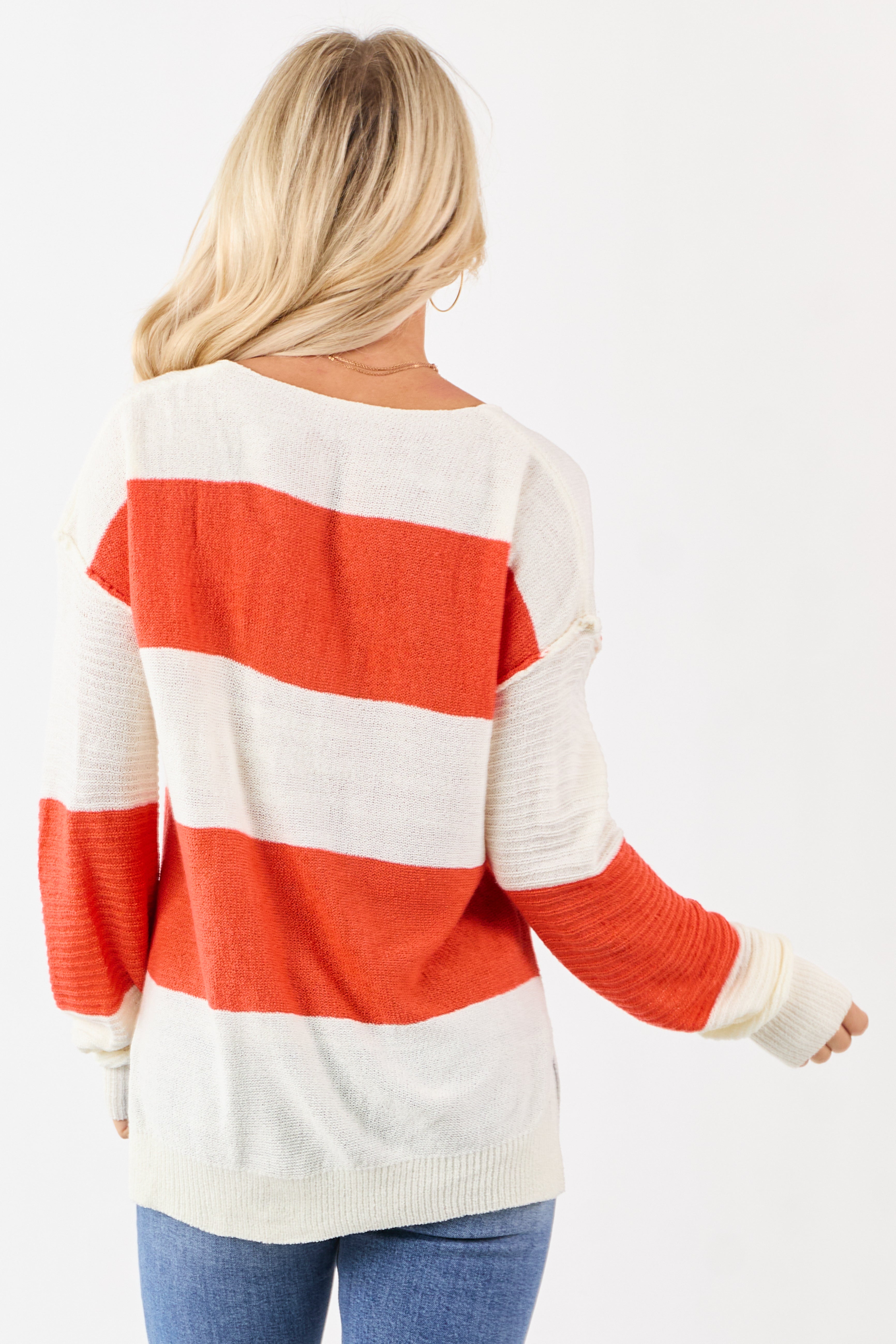 Fire and Cream Colorblock Striped V Neck Sweater