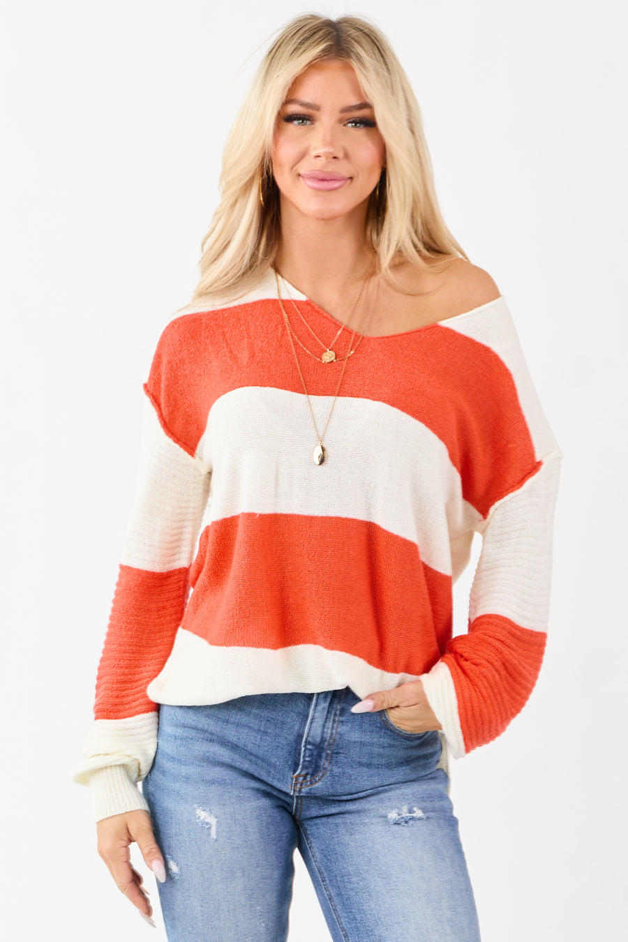 Fire and Cream Colorblock Striped V Neck Sweater