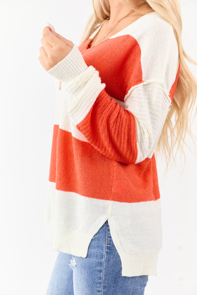 Fire and Cream Colorblock Striped V Neck Sweater