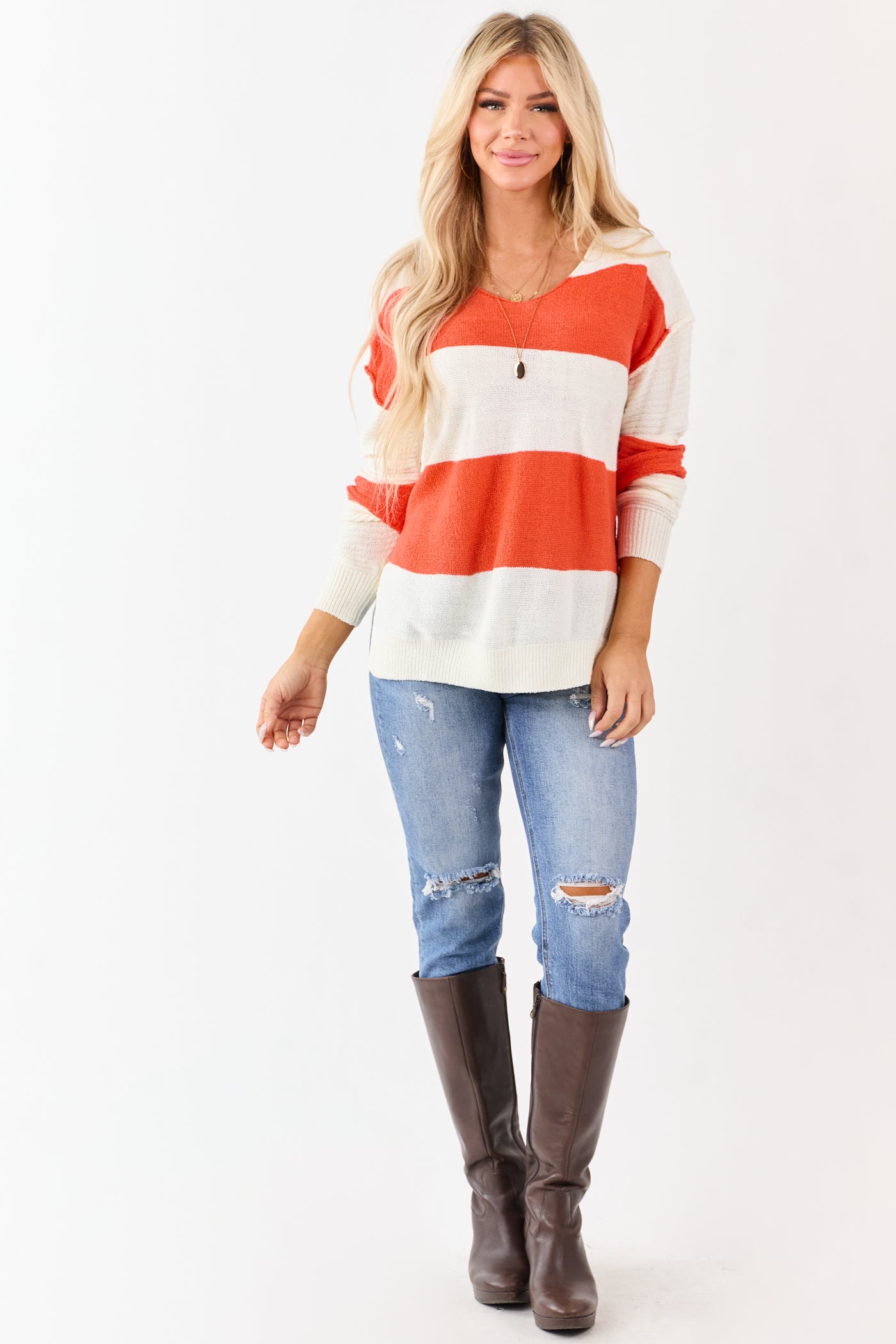 Fire and Cream Colorblock Striped V Neck Sweater