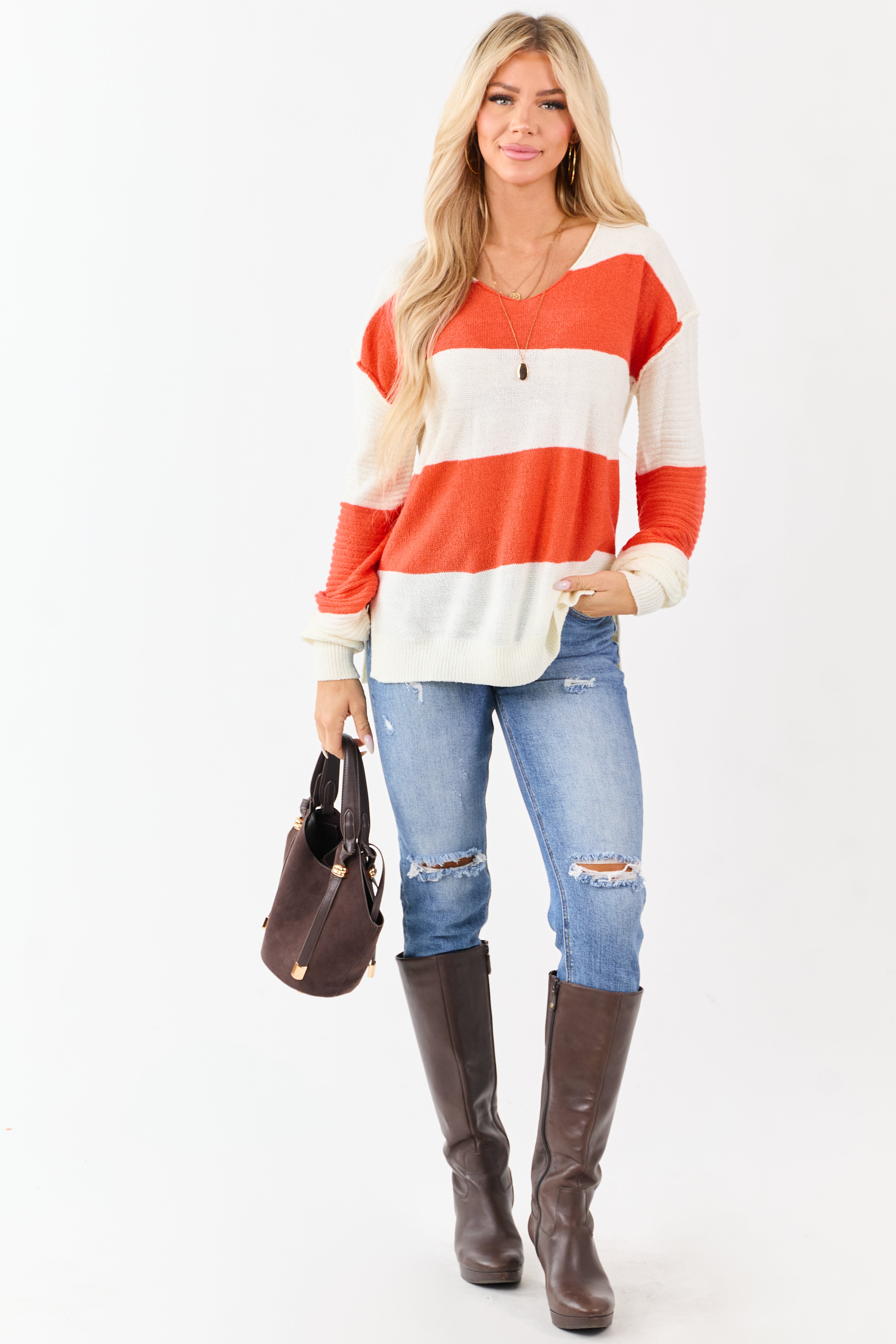 Fire and Cream Colorblock Striped V Neck Sweater