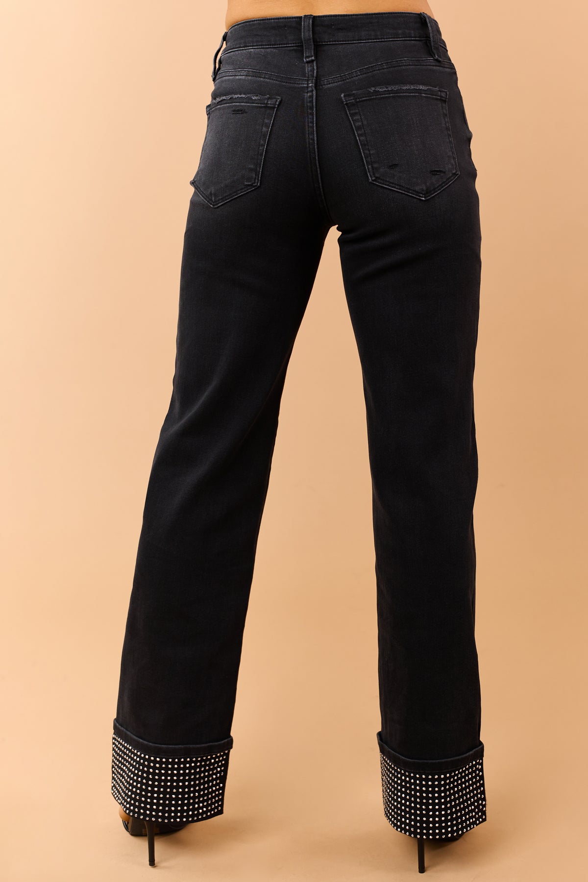 Flying Monkey Black Rhinestone Cuffed Slim Wide Jeans