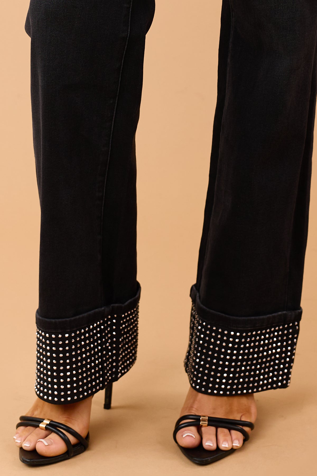 Flying Monkey Black Rhinestone Cuffed Slim Wide Jeans