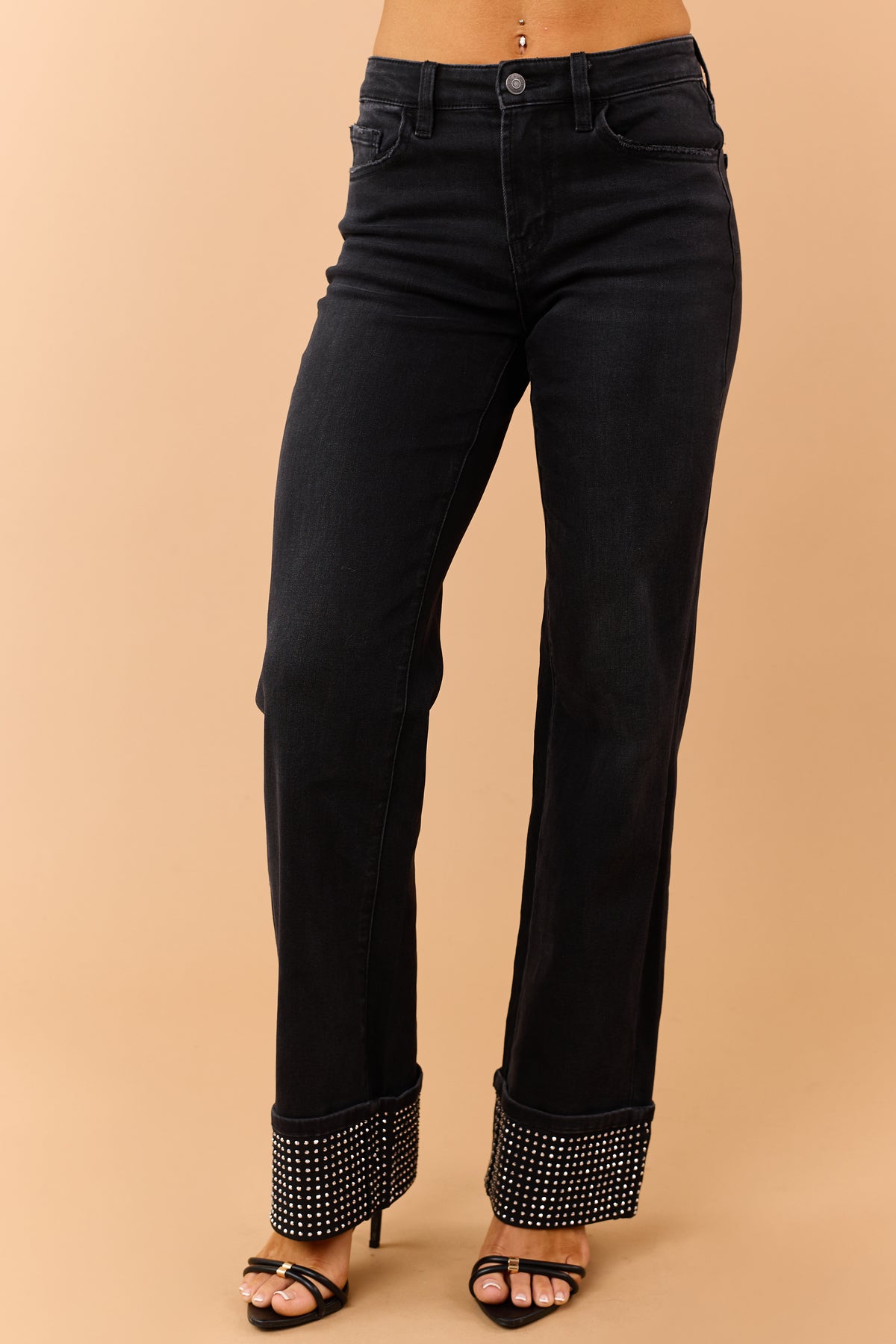Flying Monkey Black Rhinestone Cuffed Slim Wide Jeans