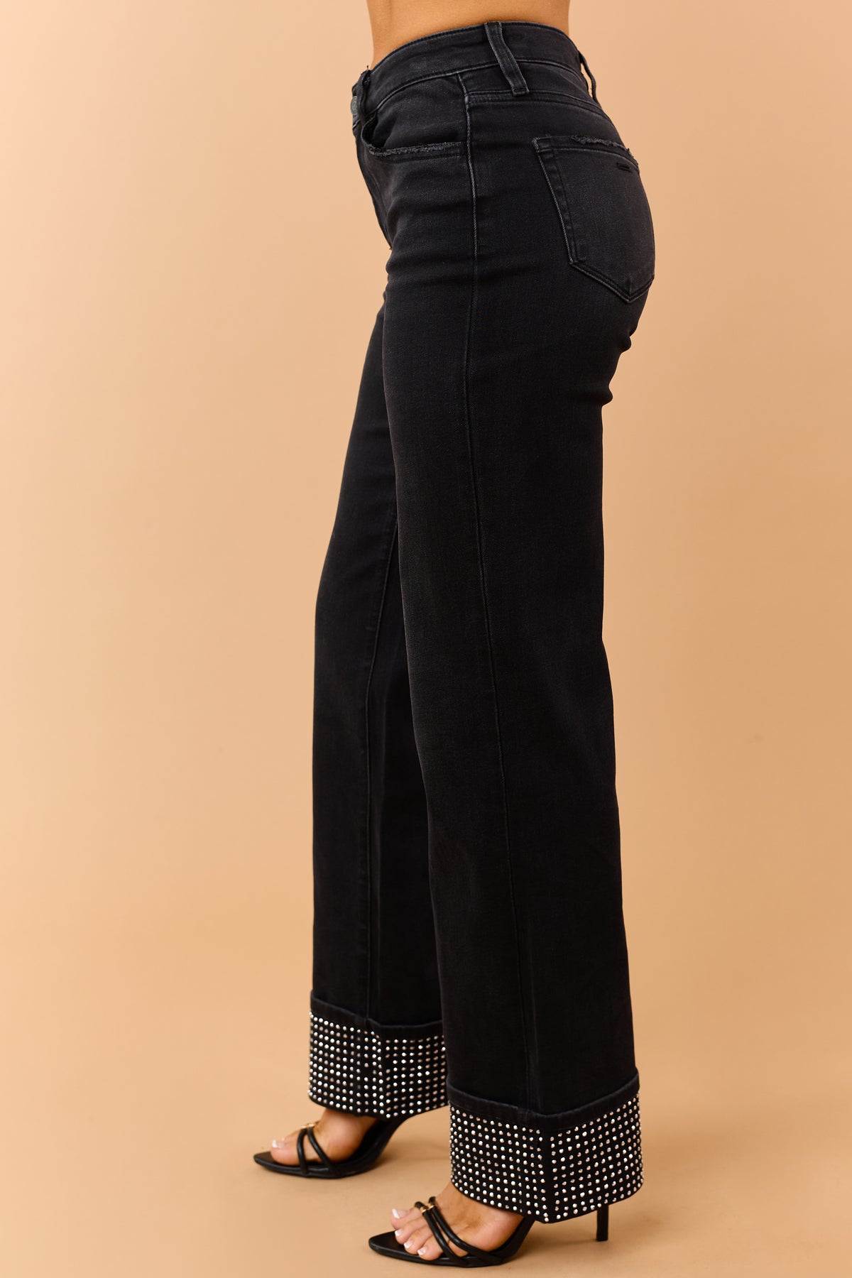 Flying Monkey Black Rhinestone Cuffed Slim Wide Jeans