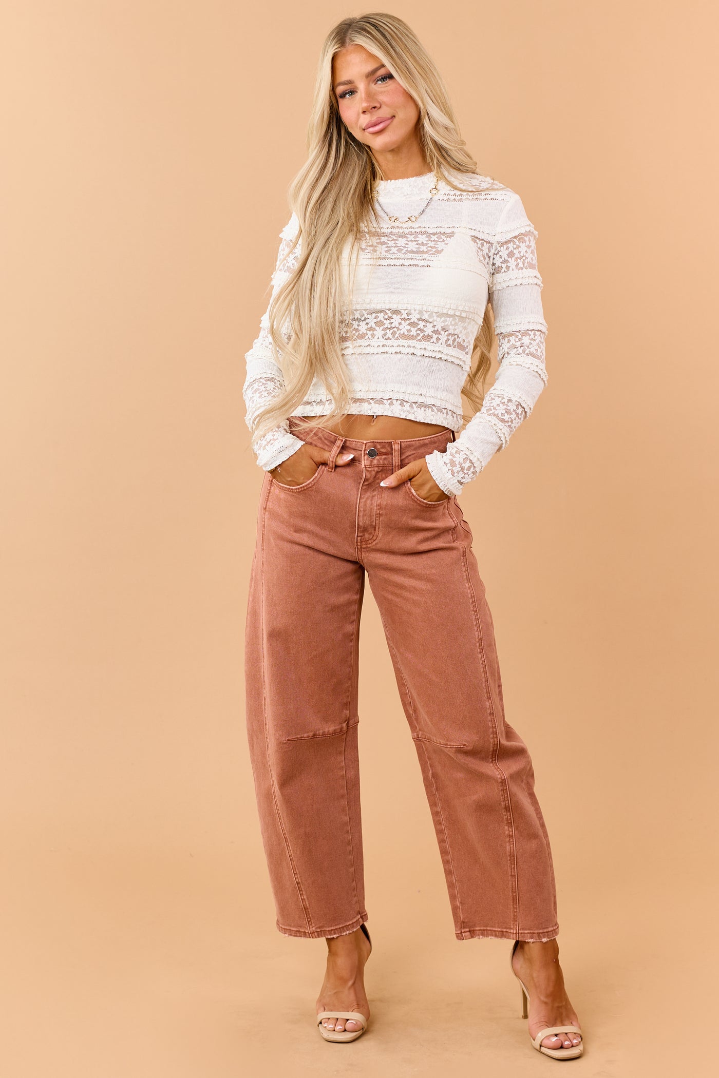 Flying Monkey Terracotta Stretchy Barrel Jeans