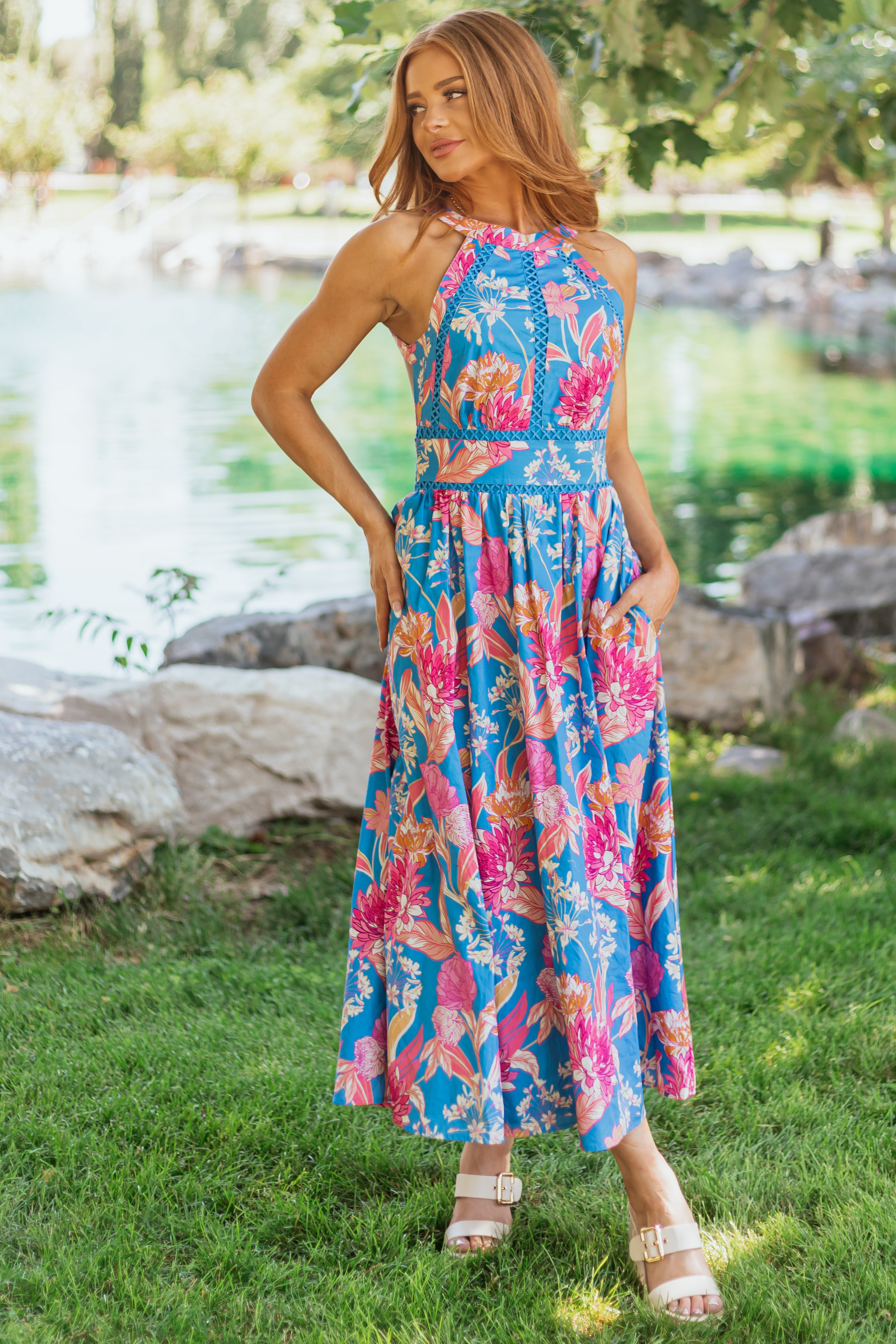 Flying Tomato Azure Floral Cotton Halter Midi Dress | Lime Lush