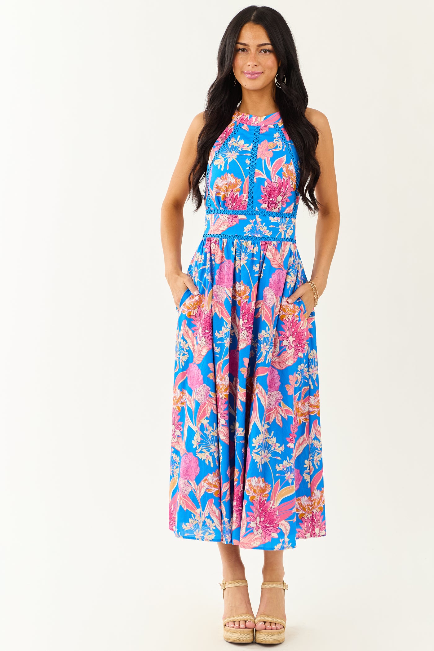 Flying Tomato Azure Floral Cotton Halter Midi Dress Flying Tomato Azure Floral Cotton Halter Midi Dress