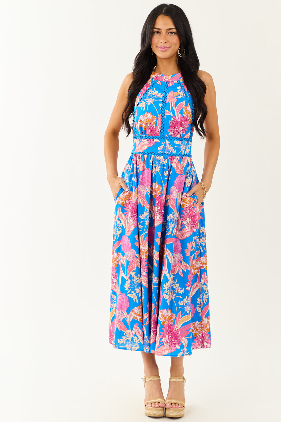 Hibiscus Floral Print Halter Tie Neck Midi Dress | Lime Lush Boutique Hibiscus Floral Print Halter Tie Neck Midi Dress | Lime Lush Boutique