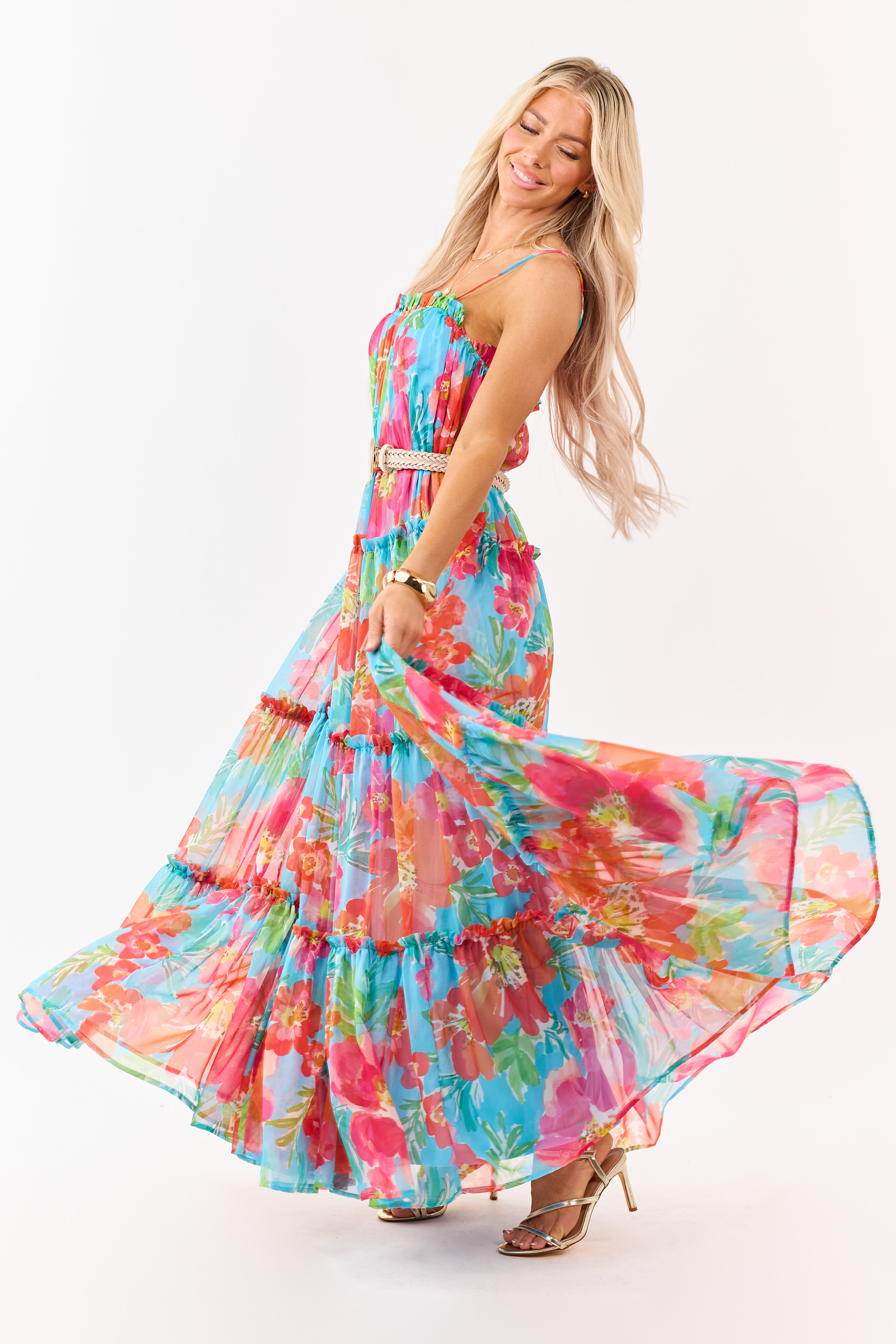 maxi chiffon floral dress Flying Tomato Azure Floral Print Chiffon Maxi Dress