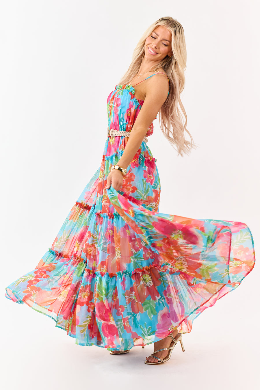 Flying Tomato Azure Floral Print Chiffon Maxi Dress