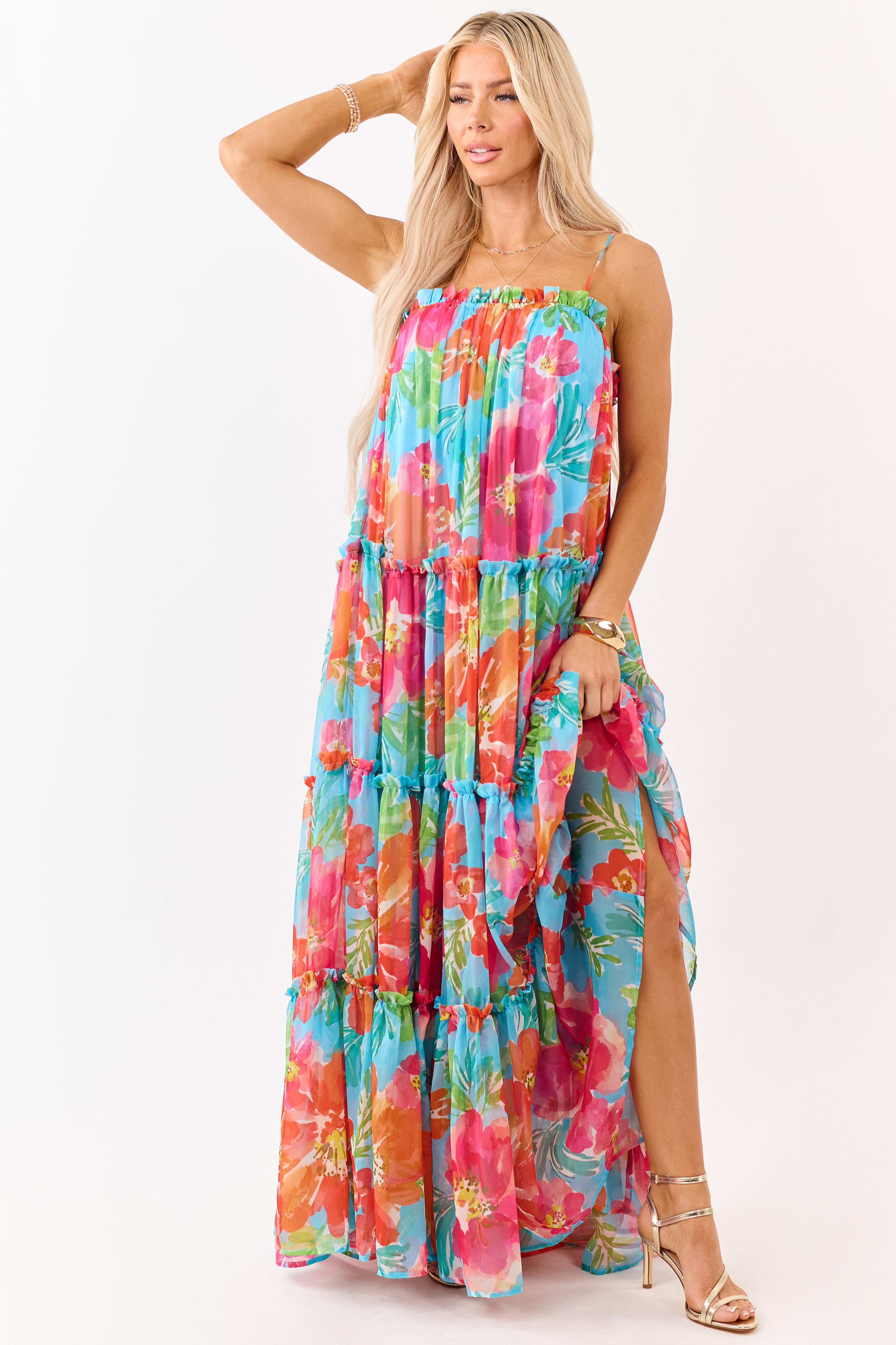 Flying Tomato Azure Floral Print Chiffon Maxi Dress | Lime Lush
