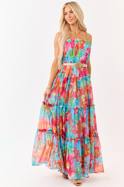 Flying Tomato Azure Floral Print Chiffon Maxi Dress