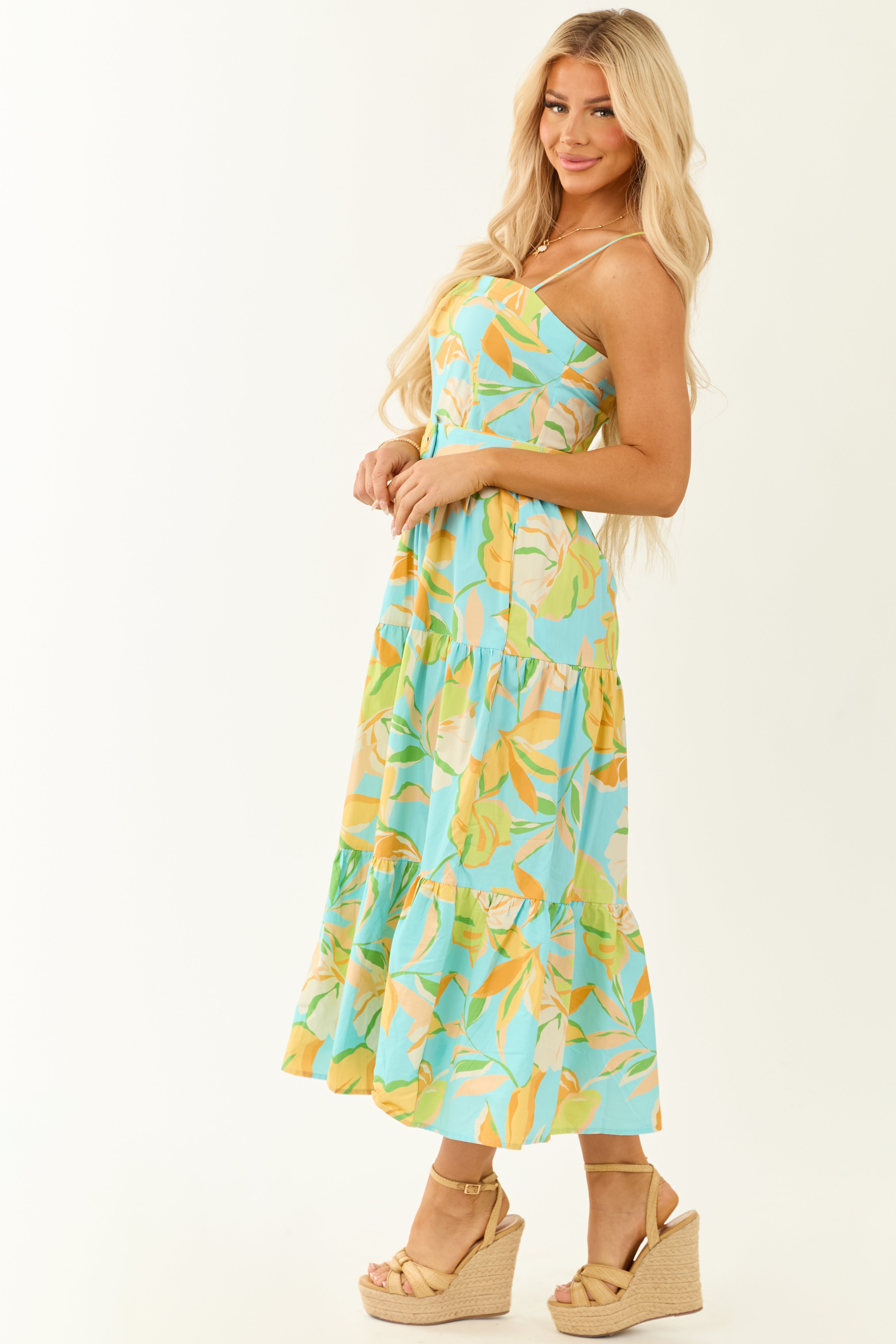 Flying Tomato Azure Floral Print Tiered Maxi Dress