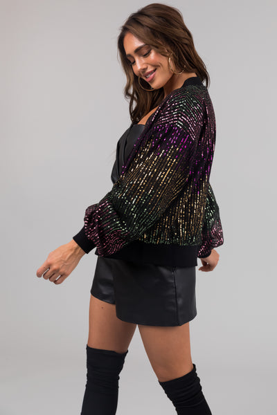 Flying Tomato Black Colorful Sequin Bomber Jacket