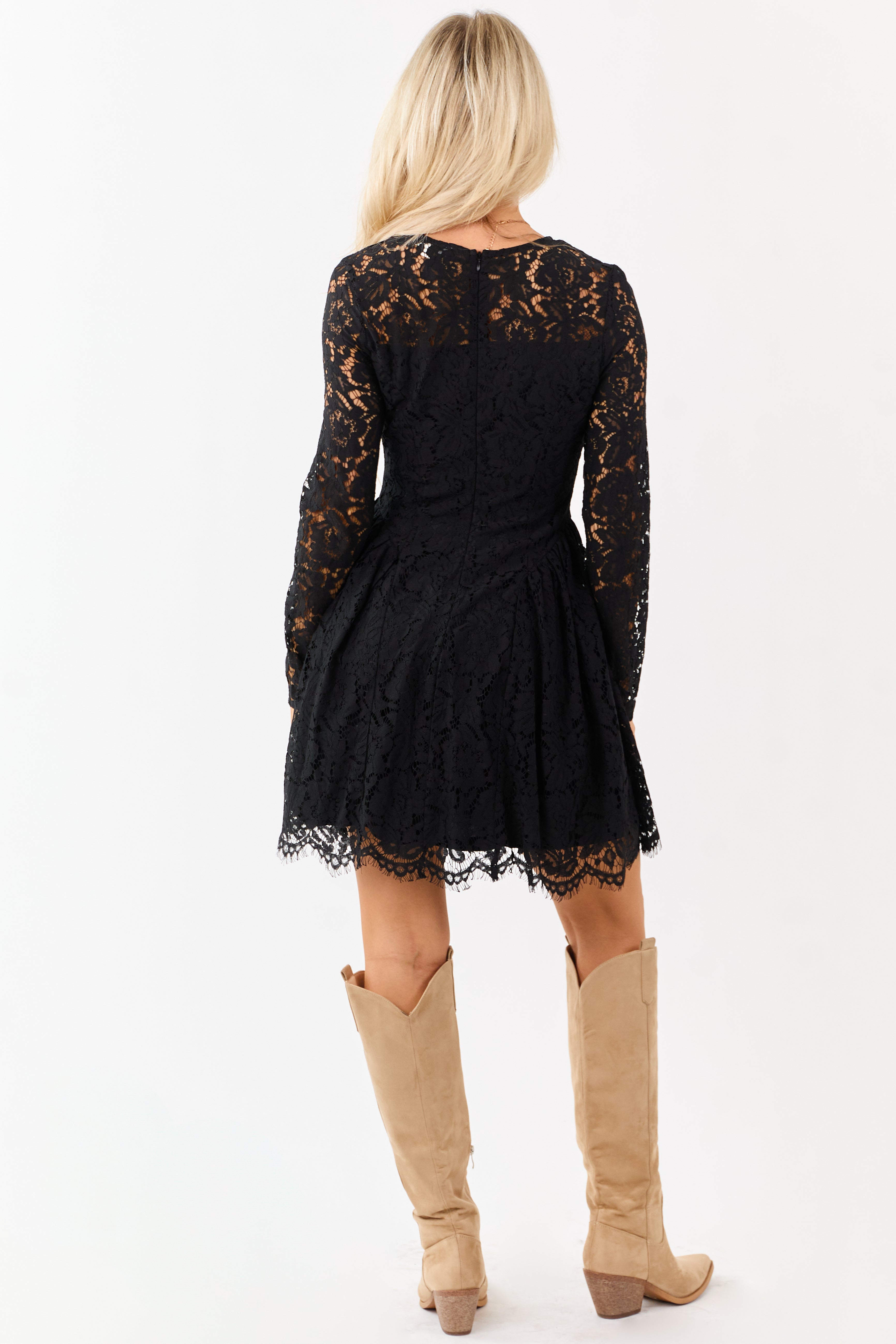 Flying Tomato Black Floral Lace Long Sleeve Mini Dress