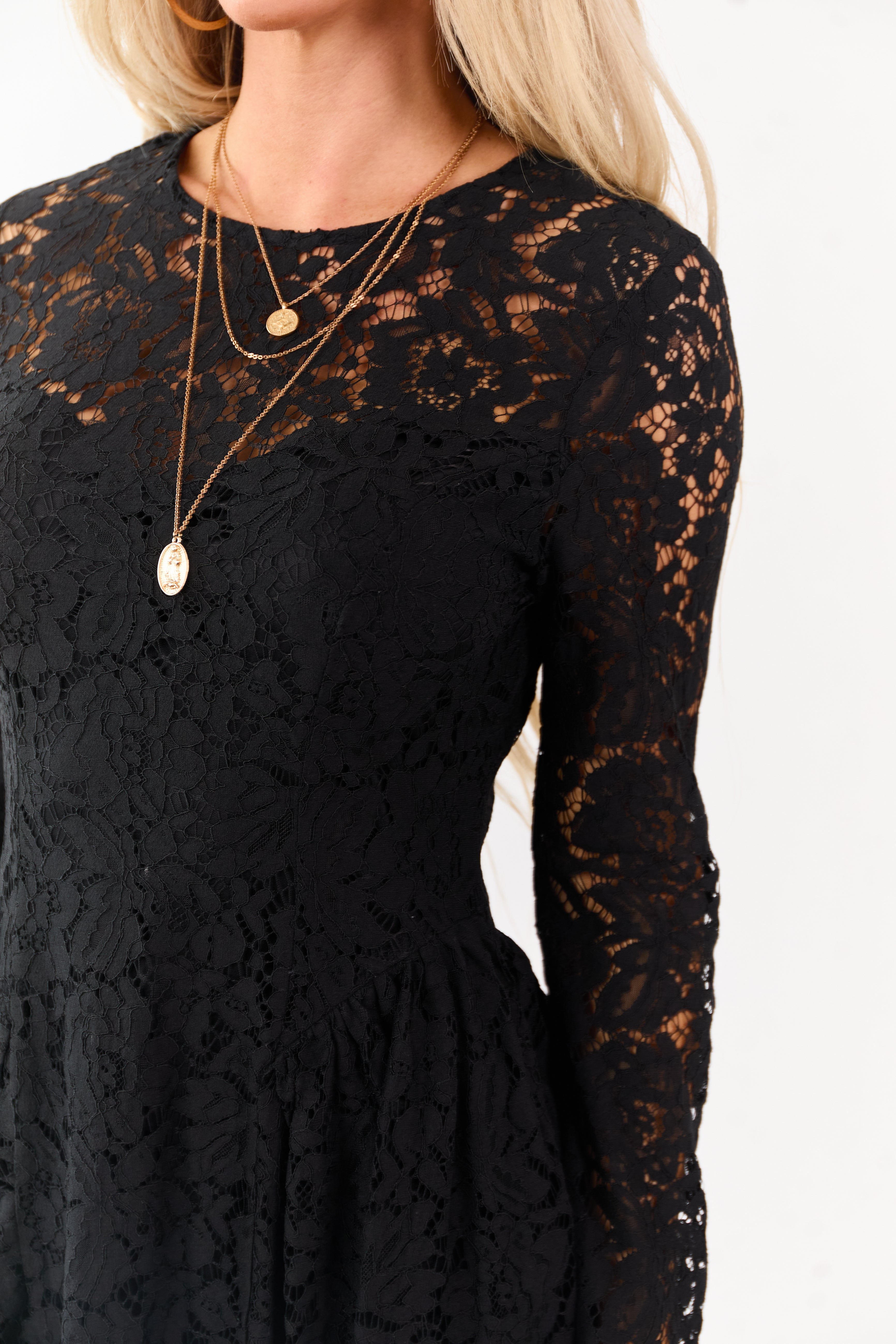 Flying Tomato Black Floral Lace Long Sleeve Mini Dress