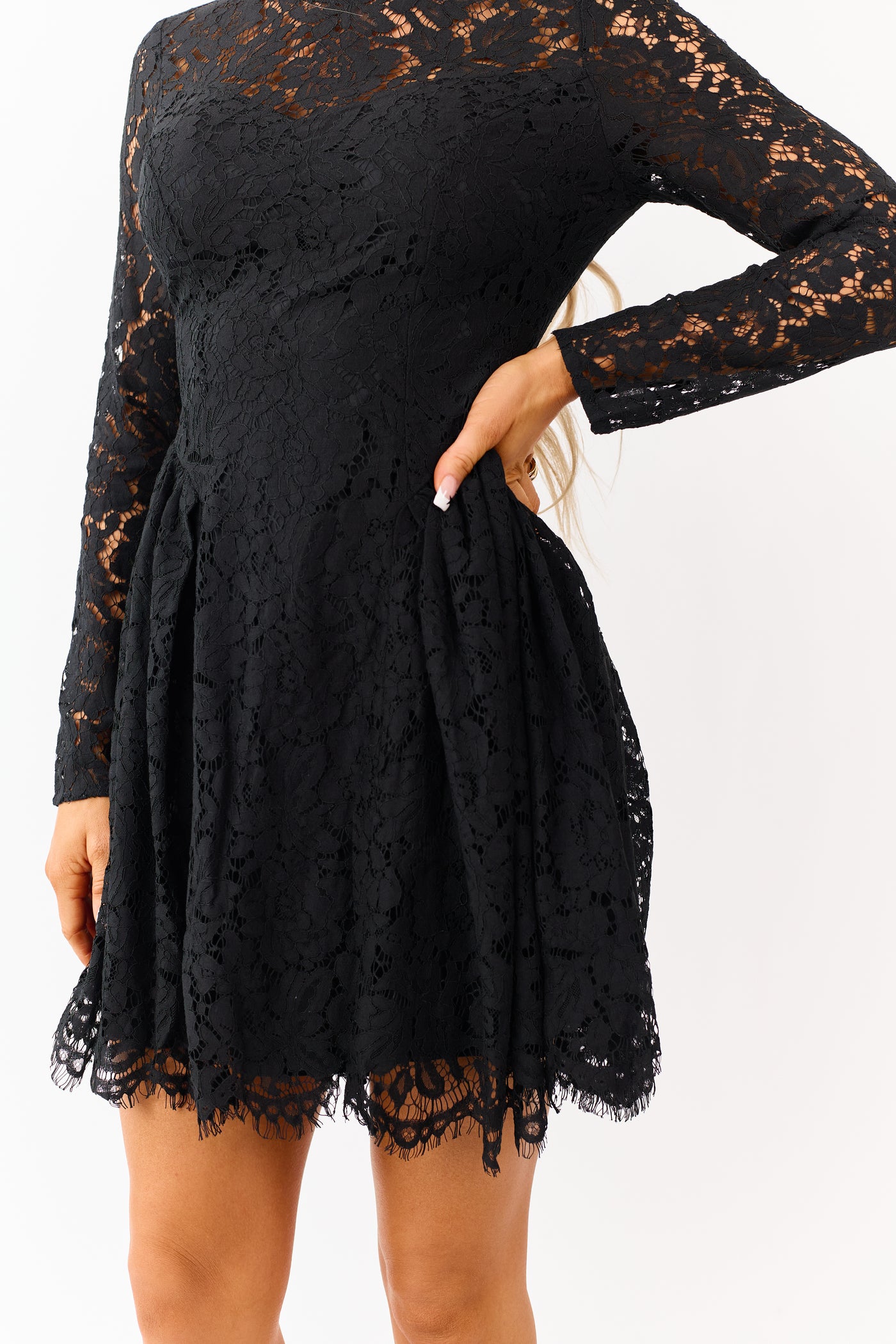 Flying Tomato Black Floral Lace Long Sleeve Mini Dress