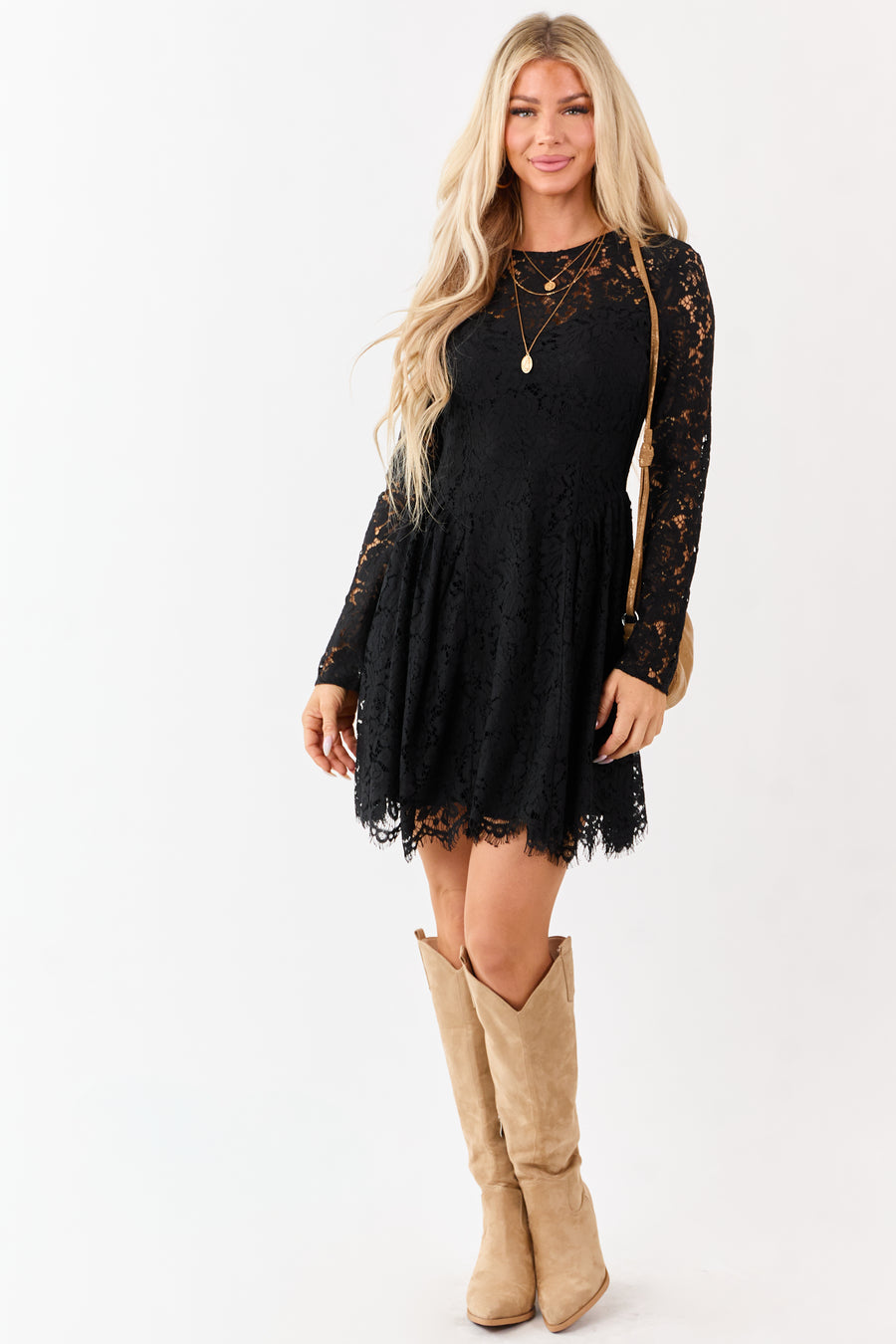 Flying Tomato Black Floral Lace Long Sleeve Mini Dress